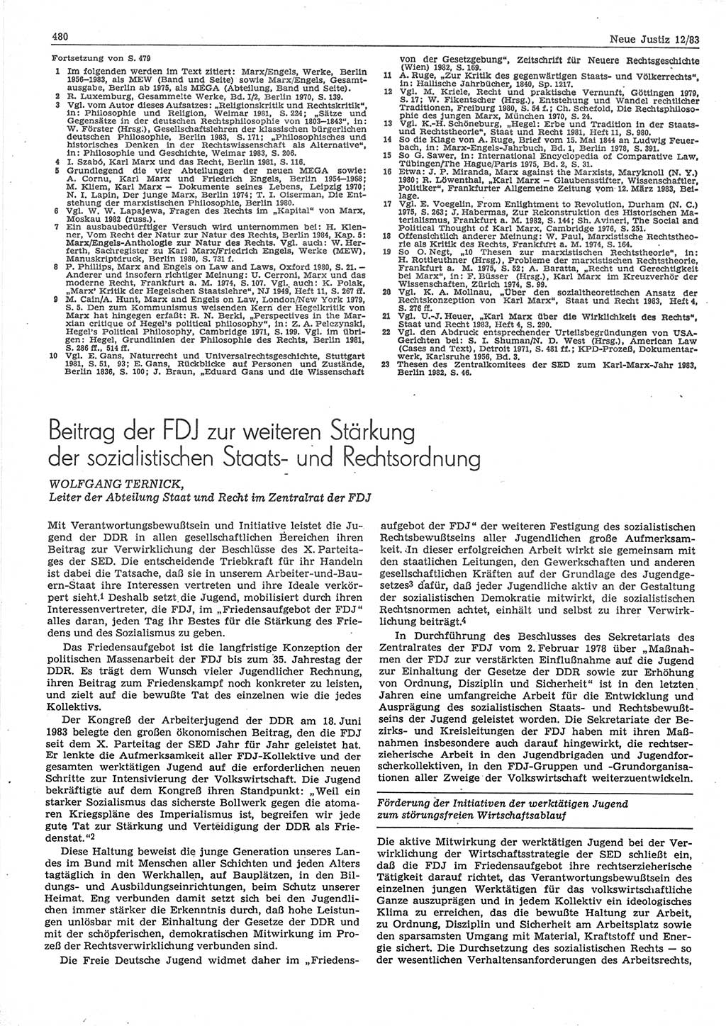 Neue Justiz (NJ), Zeitschrift für sozialistisches Recht und Gesetzlichkeit [Deutsche Demokratische Republik (DDR)], 37. Jahrgang 1983, Seite 480 (NJ DDR 1983, S. 480)