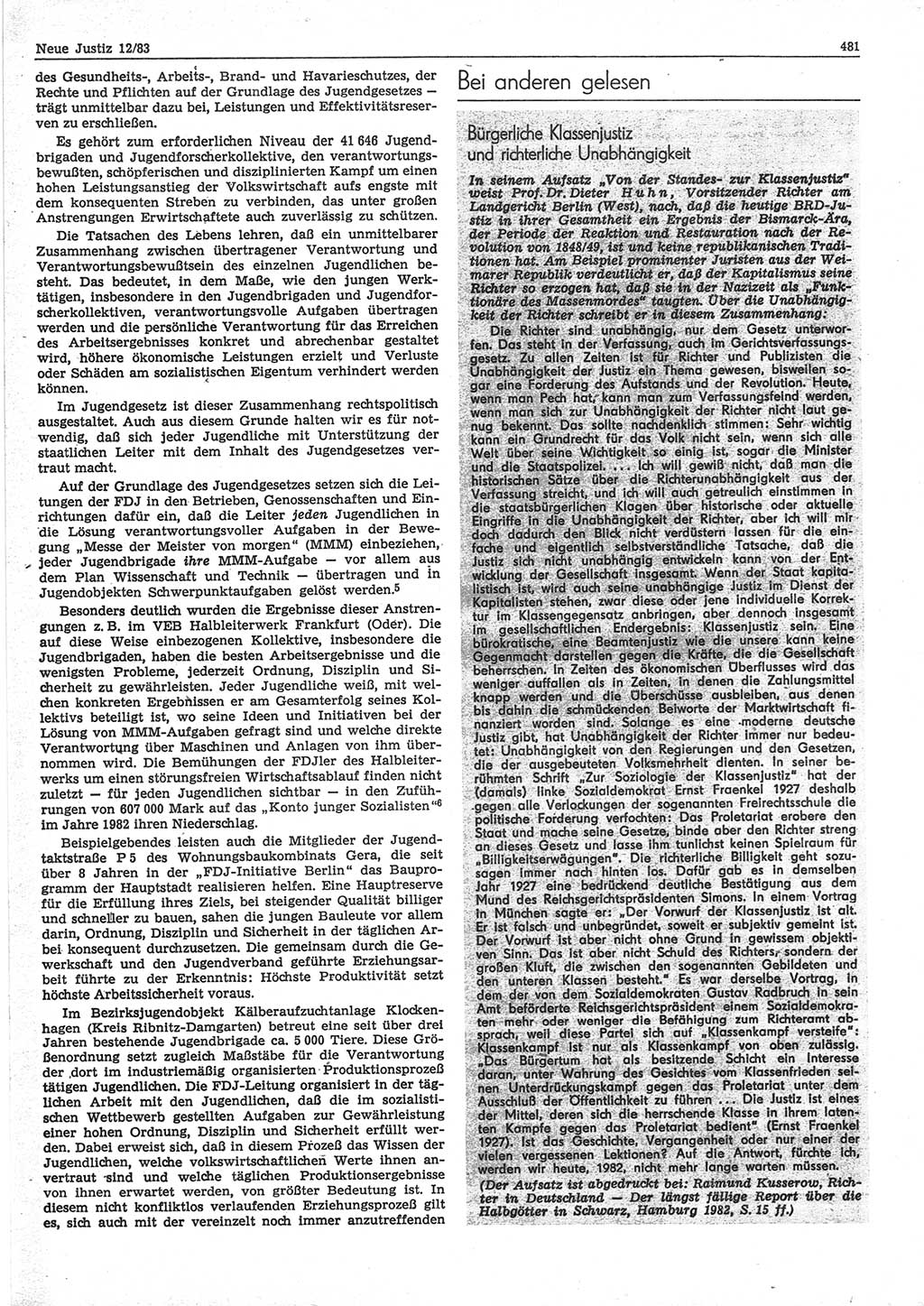 Neue Justiz (NJ), Zeitschrift für sozialistisches Recht und Gesetzlichkeit [Deutsche Demokratische Republik (DDR)], 37. Jahrgang 1983, Seite 481 (NJ DDR 1983, S. 481)