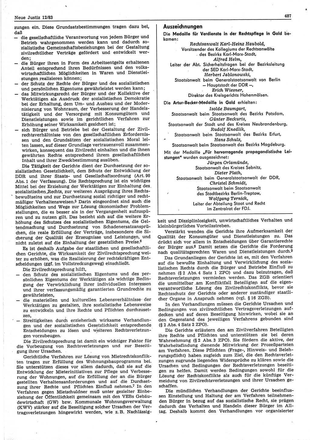 Neue Justiz (NJ), Zeitschrift für sozialistisches Recht und Gesetzlichkeit [Deutsche Demokratische Republik (DDR)], 37. Jahrgang 1983, Seite 487 (NJ DDR 1983, S. 487)