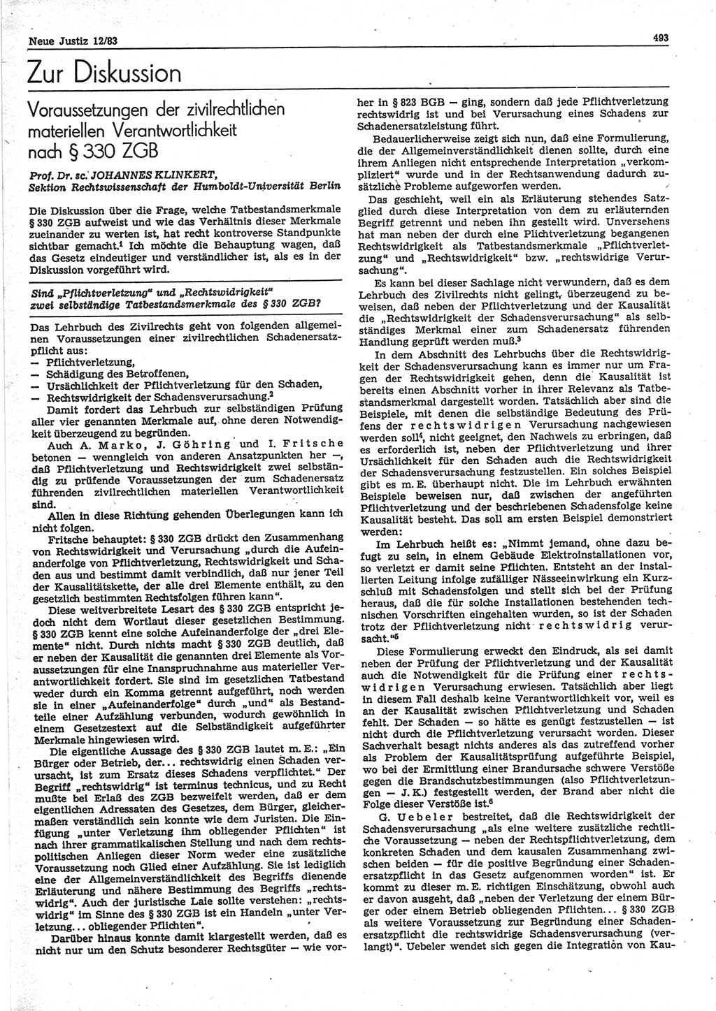 Neue Justiz (NJ), Zeitschrift für sozialistisches Recht und Gesetzlichkeit [Deutsche Demokratische Republik (DDR)], 37. Jahrgang 1983, Seite 493 (NJ DDR 1983, S. 493)