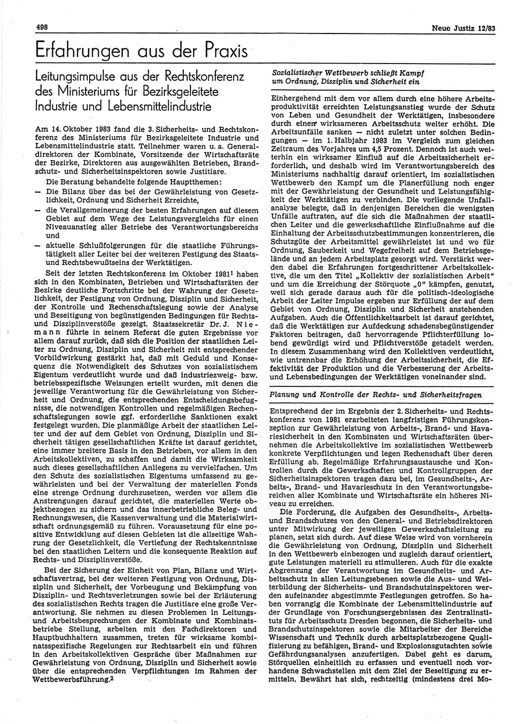 Neue Justiz (NJ), Zeitschrift für sozialistisches Recht und Gesetzlichkeit [Deutsche Demokratische Republik (DDR)], 37. Jahrgang 1983, Seite 498 (NJ DDR 1983, S. 498)