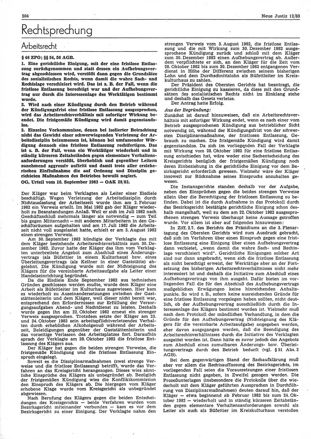 Neue Justiz (NJ), Zeitschrift für sozialistisches Recht und Gesetzlichkeit [Deutsche Demokratische Republik (DDR)], 37. Jahrgang 1983, Seite 504 (NJ DDR 1983, S. 504)