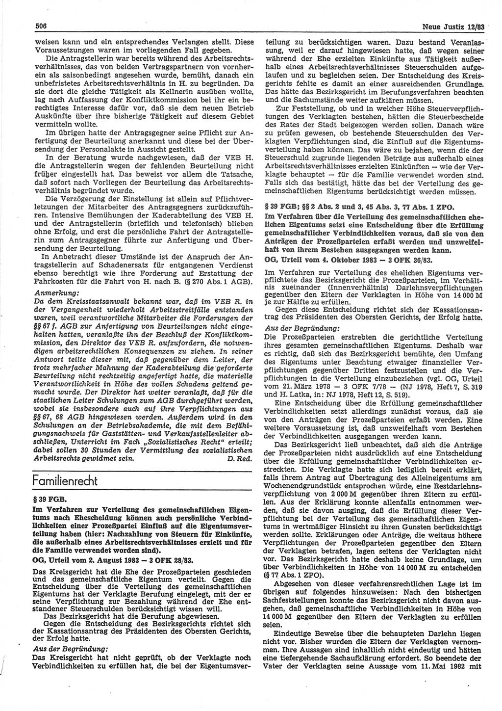 Neue Justiz (NJ), Zeitschrift für sozialistisches Recht und Gesetzlichkeit [Deutsche Demokratische Republik (DDR)], 37. Jahrgang 1983, Seite 506 (NJ DDR 1983, S. 506)