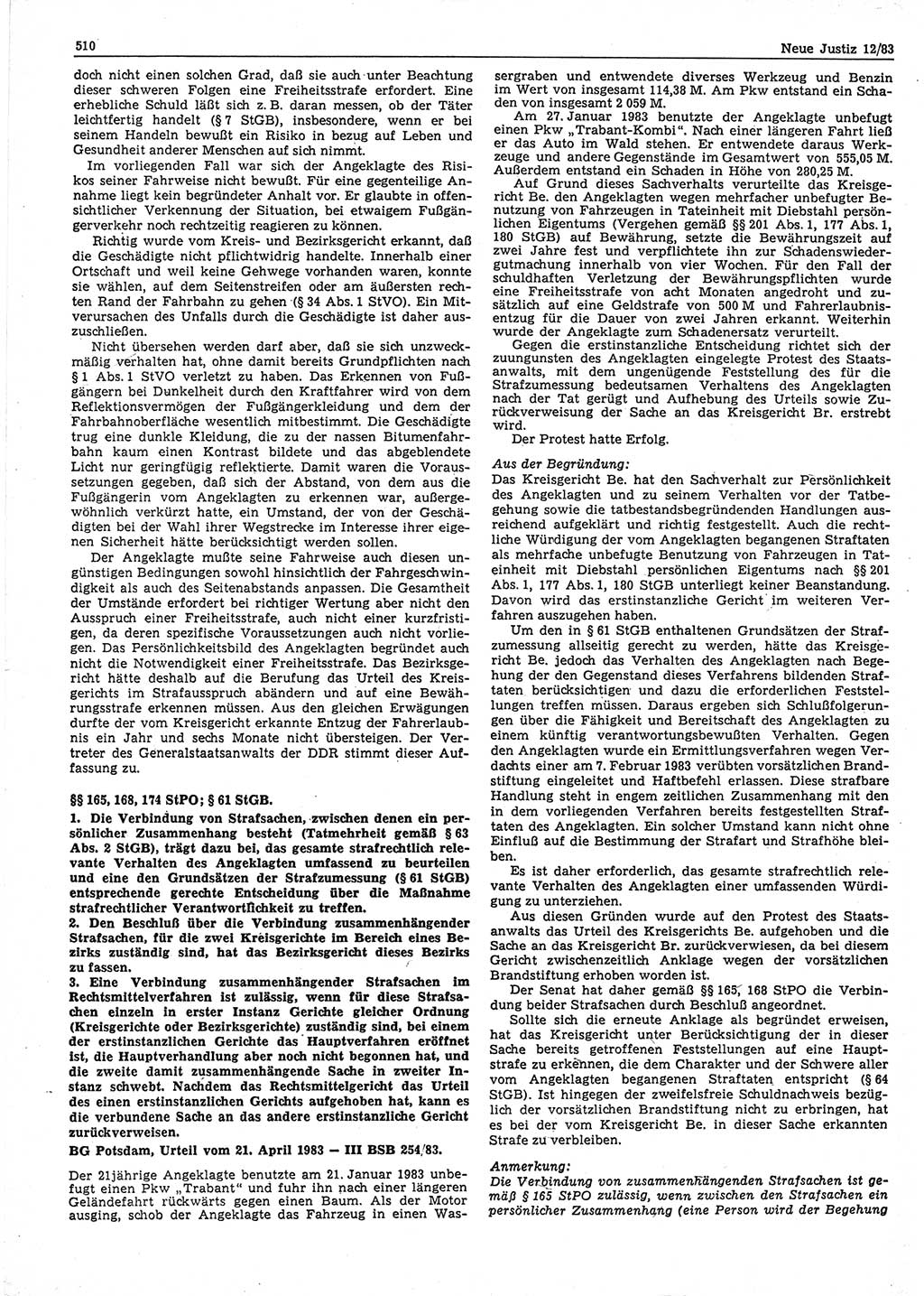 Neue Justiz (NJ), Zeitschrift für sozialistisches Recht und Gesetzlichkeit [Deutsche Demokratische Republik (DDR)], 37. Jahrgang 1983, Seite 510 (NJ DDR 1983, S. 510)