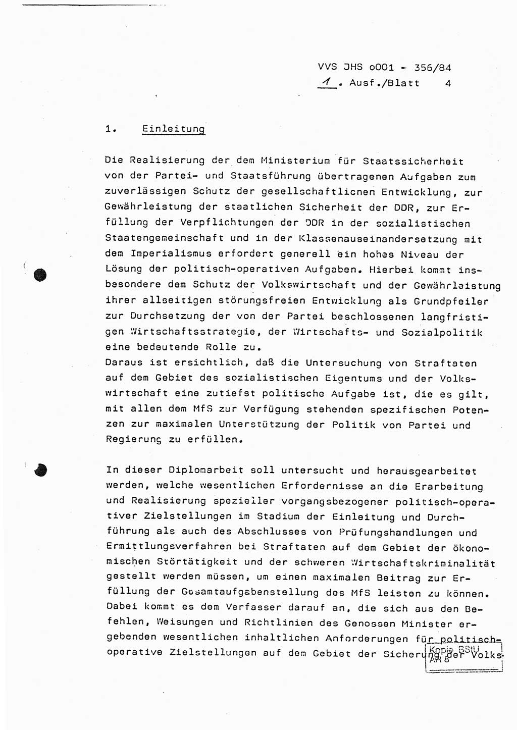 Diplomarbeit, Major Lutz Rahaus (HA Ⅸ/3), Ministerium für Staatssicherheit (MfS) [Deutsche Demokratische Republik (DDR)], Juristische Hochschule (JHS), Vertrauliche Verschlußsache (VVS) o001-356/84, Potsdam 1984, Seite 4 (Dipl.-Arb. MfS DDR JHS VVS o001-356/84 1984, S. 4)