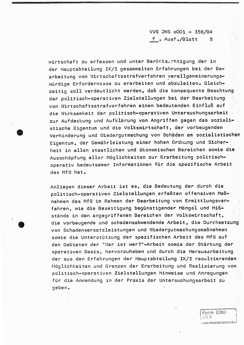 Diplomarbeit, Major Lutz Rahaus (HA Ⅸ/3), Ministerium für Staatssicherheit (MfS) [Deutsche Demokratische Republik (DDR)], Juristische Hochschule (JHS), Vertrauliche Verschlußsache (VVS) o001-356/84, Potsdam 1984, Seite 5 (Dipl.-Arb. MfS DDR JHS VVS o001-356/84 1984, S. 5)