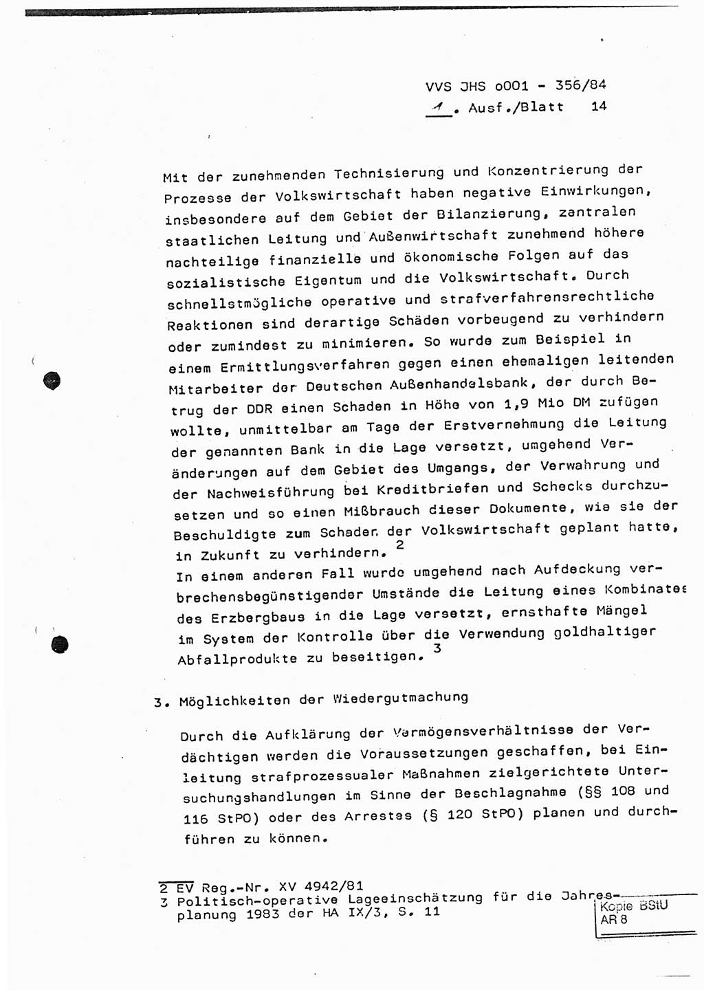 Diplomarbeit, Major Lutz Rahaus (HA Ⅸ/3), Ministerium für Staatssicherheit (MfS) [Deutsche Demokratische Republik (DDR)], Juristische Hochschule (JHS), Vertrauliche Verschlußsache (VVS) o001-356/84, Potsdam 1984, Seite 14 (Dipl.-Arb. MfS DDR JHS VVS o001-356/84 1984, S. 14)