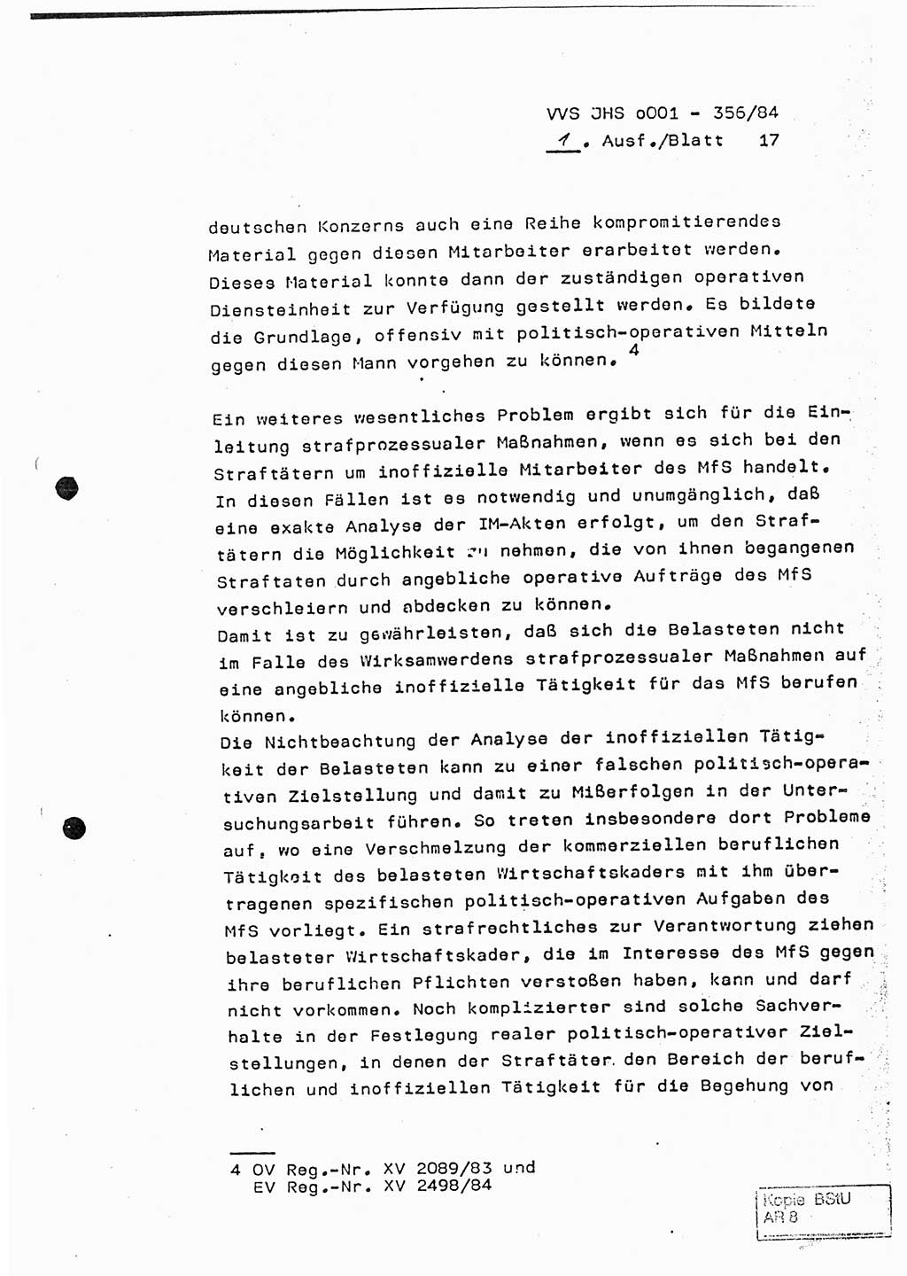 Diplomarbeit, Major Lutz Rahaus (HA Ⅸ/3), Ministerium für Staatssicherheit (MfS) [Deutsche Demokratische Republik (DDR)], Juristische Hochschule (JHS), Vertrauliche Verschlußsache (VVS) o001-356/84, Potsdam 1984, Seite 17 (Dipl.-Arb. MfS DDR JHS VVS o001-356/84 1984, S. 17)