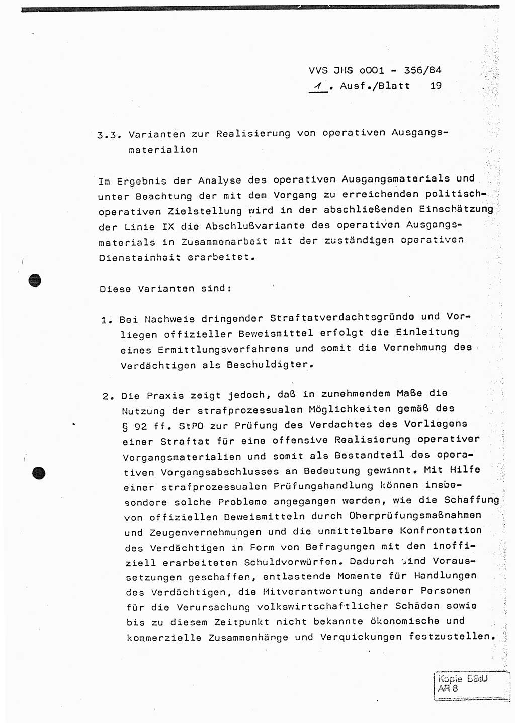 Diplomarbeit, Major Lutz Rahaus (HA Ⅸ/3), Ministerium für Staatssicherheit (MfS) [Deutsche Demokratische Republik (DDR)], Juristische Hochschule (JHS), Vertrauliche Verschlußsache (VVS) o001-356/84, Potsdam 1984, Seite 19 (Dipl.-Arb. MfS DDR JHS VVS o001-356/84 1984, S. 19)