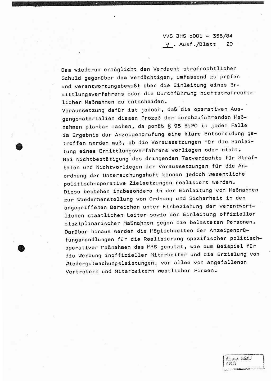 Diplomarbeit, Major Lutz Rahaus (HA Ⅸ/3), Ministerium für Staatssicherheit (MfS) [Deutsche Demokratische Republik (DDR)], Juristische Hochschule (JHS), Vertrauliche Verschlußsache (VVS) o001-356/84, Potsdam 1984, Seite 20 (Dipl.-Arb. MfS DDR JHS VVS o001-356/84 1984, S. 20)
