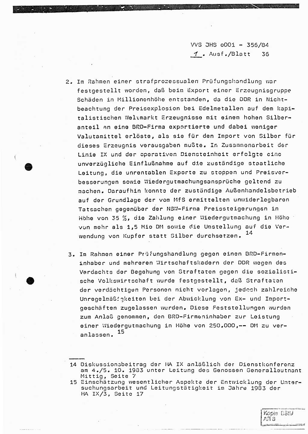 Diplomarbeit, Major Lutz Rahaus (HA Ⅸ/3), Ministerium für Staatssicherheit (MfS) [Deutsche Demokratische Republik (DDR)], Juristische Hochschule (JHS), Vertrauliche Verschlußsache (VVS) o001-356/84, Potsdam 1984, Seite 36 (Dipl.-Arb. MfS DDR JHS VVS o001-356/84 1984, S. 36)