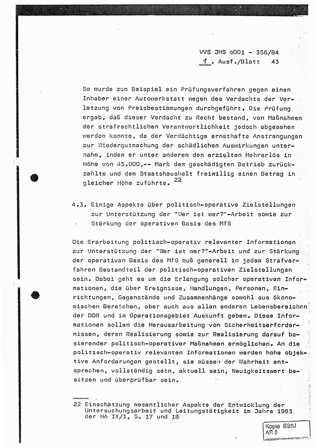 Diplomarbeit, Major Lutz Rahaus (HA Ⅸ/3), Ministerium für Staatssicherheit (MfS) [Deutsche Demokratische Republik (DDR)], Juristische Hochschule (JHS), Vertrauliche Verschlußsache (VVS) o001-356/84, Potsdam 1984, Seite 43 (Dipl.-Arb. MfS DDR JHS VVS o001-356/84 1984, S. 43)