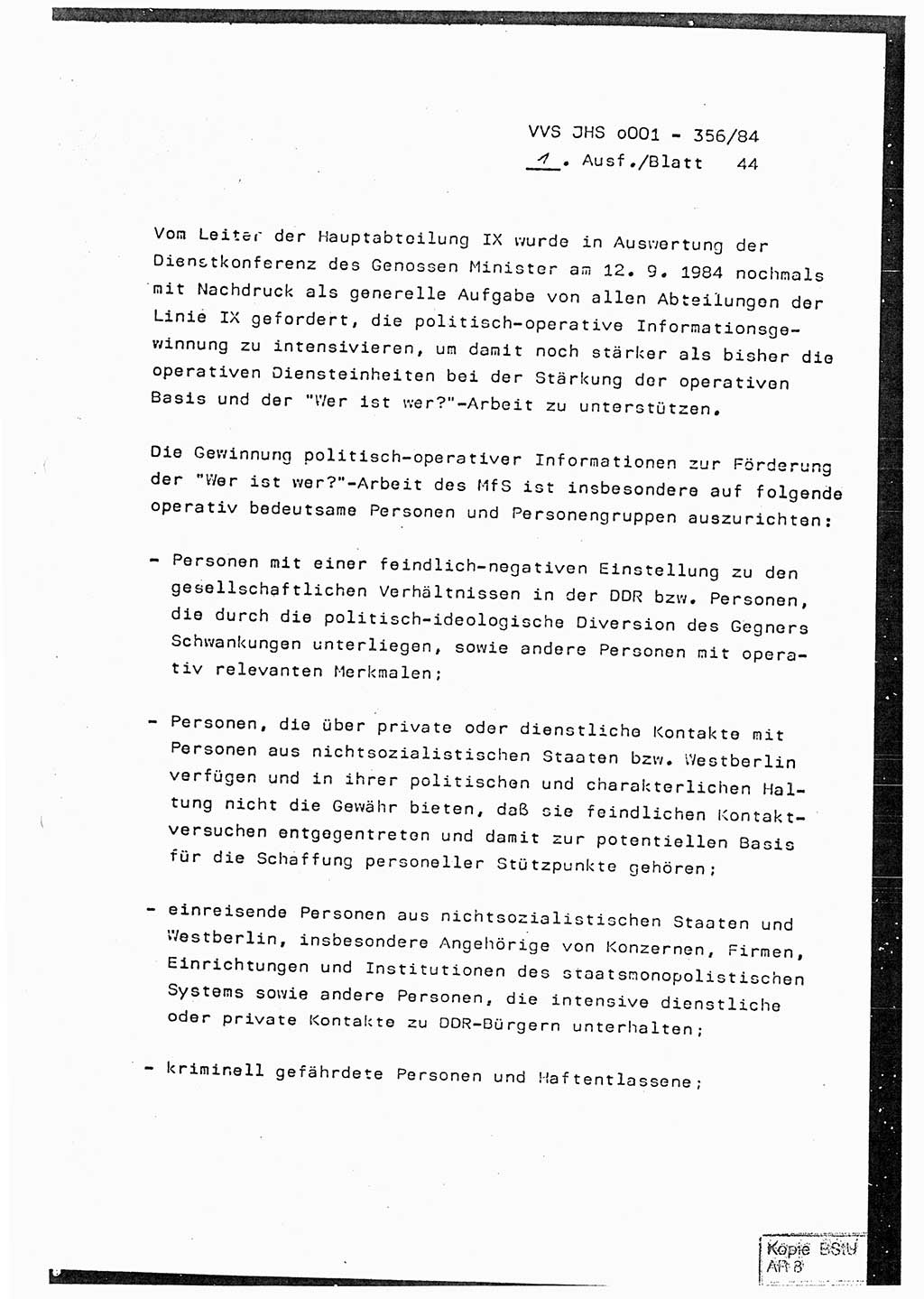 Diplomarbeit, Major Lutz Rahaus (HA Ⅸ/3), Ministerium für Staatssicherheit (MfS) [Deutsche Demokratische Republik (DDR)], Juristische Hochschule (JHS), Vertrauliche Verschlußsache (VVS) o001-356/84, Potsdam 1984, Seite 44 (Dipl.-Arb. MfS DDR JHS VVS o001-356/84 1984, S. 44)