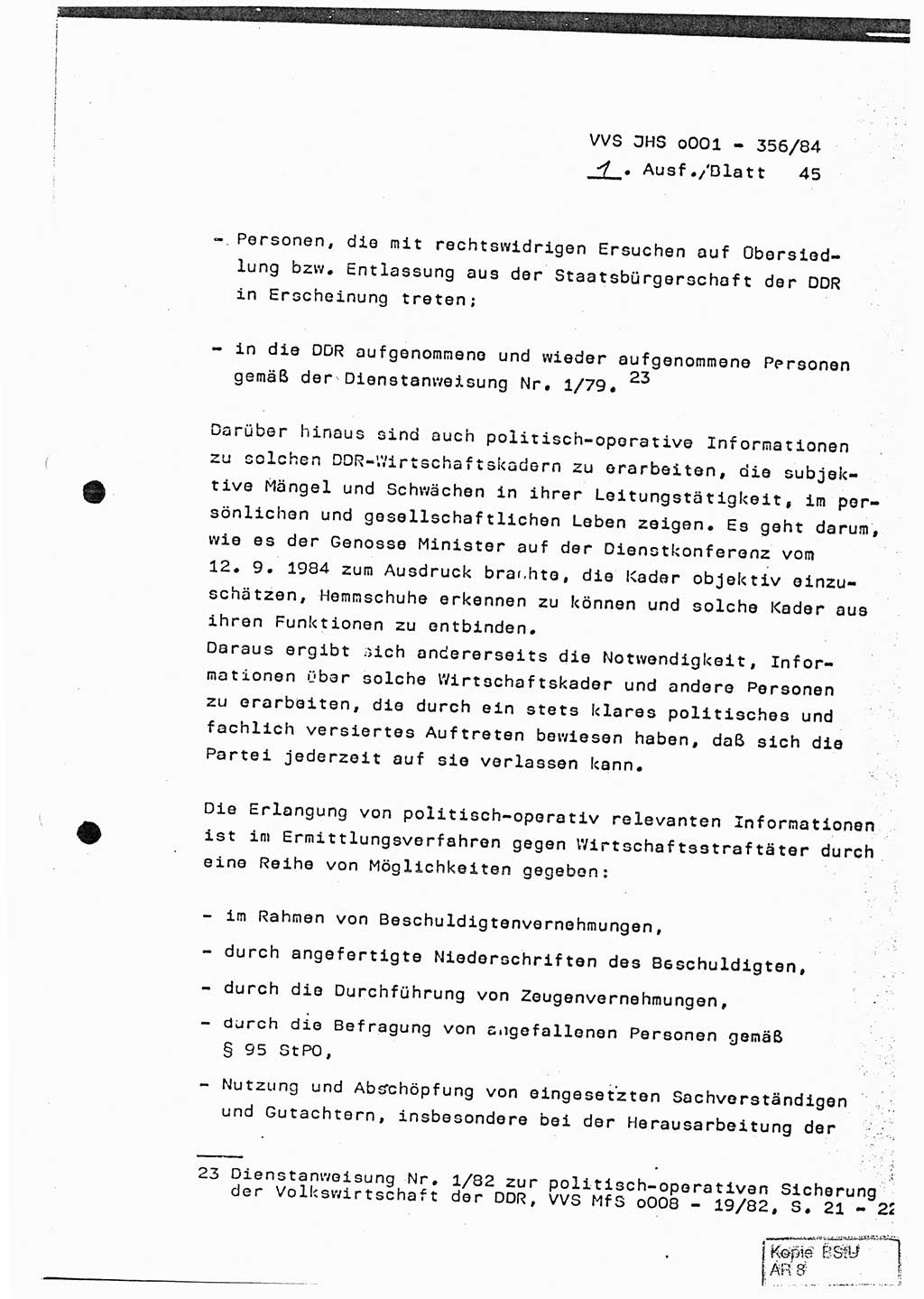 Diplomarbeit, Major Lutz Rahaus (HA Ⅸ/3), Ministerium für Staatssicherheit (MfS) [Deutsche Demokratische Republik (DDR)], Juristische Hochschule (JHS), Vertrauliche Verschlußsache (VVS) o001-356/84, Potsdam 1984, Seite 45 (Dipl.-Arb. MfS DDR JHS VVS o001-356/84 1984, S. 45)
