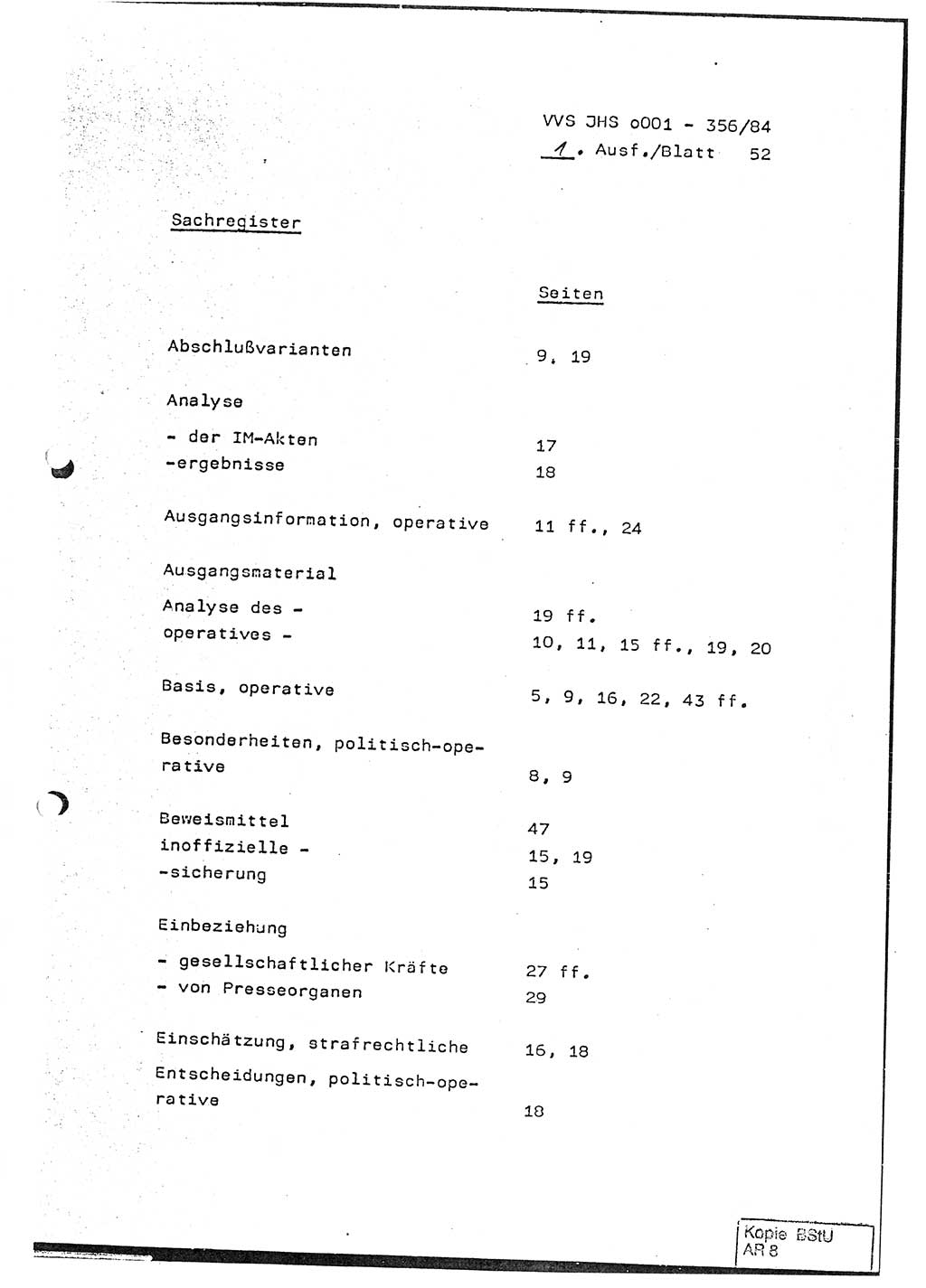 Diplomarbeit, Major Lutz Rahaus (HA Ⅸ/3), Ministerium für Staatssicherheit (MfS) [Deutsche Demokratische Republik (DDR)], Juristische Hochschule (JHS), Vertrauliche Verschlußsache (VVS) o001-356/84, Potsdam 1984, Seite 52 (Dipl.-Arb. MfS DDR JHS VVS o001-356/84 1984, S. 52)