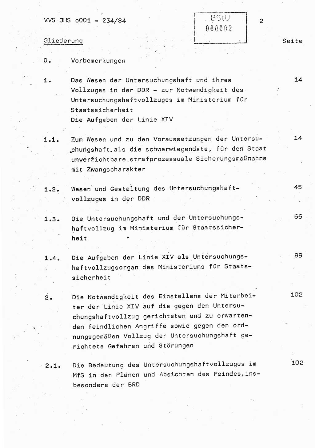 Dissertation Oberst Siegfried Rataizick (Abt. ⅩⅣ), Oberstleutnant Volkmar Heinz (Abt. ⅩⅣ), Oberstleutnant Werner Stein (HA Ⅸ), Hauptmann Heinz Conrad (JHS), Ministerium für Staatssicherheit (MfS) [Deutsche Demokratische Republik (DDR)], Juristische Hochschule (JHS), Vertrauliche Verschlußsache (VVS) o001-234/84, Potsdam 1984, Seite 2 (Diss. MfS DDR JHS VVS o001-234/84 1984, S. 2)