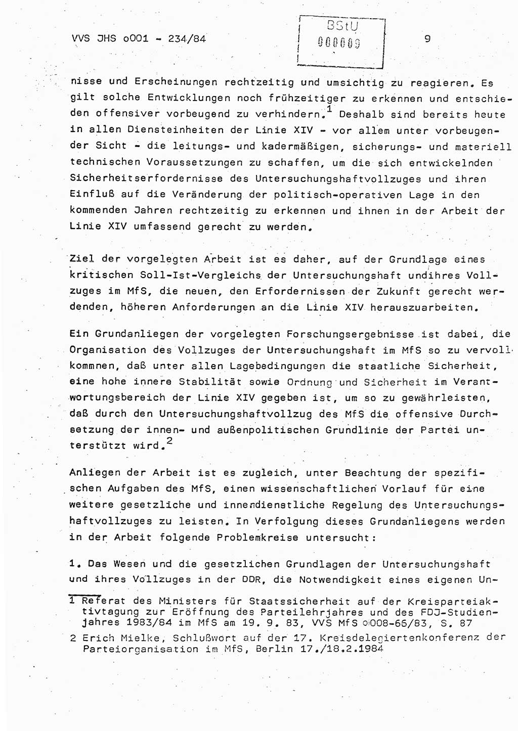 Dissertation Oberst Siegfried Rataizick (Abt. ⅩⅣ), Oberstleutnant Volkmar Heinz (Abt. ⅩⅣ), Oberstleutnant Werner Stein (HA Ⅸ), Hauptmann Heinz Conrad (JHS), Ministerium für Staatssicherheit (MfS) [Deutsche Demokratische Republik (DDR)], Juristische Hochschule (JHS), Vertrauliche Verschlußsache (VVS) o001-234/84, Potsdam 1984, Seite 9 (Diss. MfS DDR JHS VVS o001-234/84 1984, S. 9)