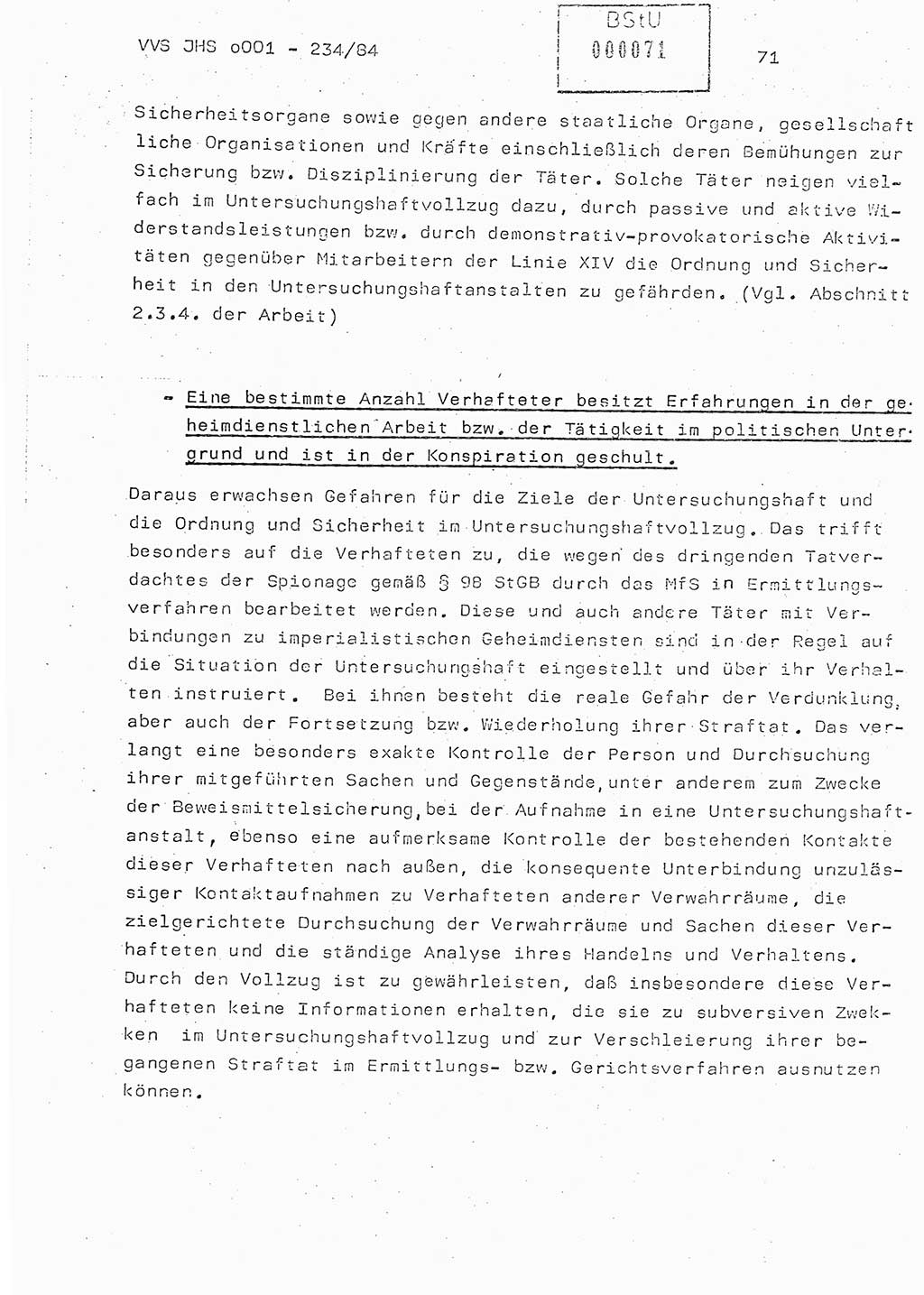 Dissertation Oberst Siegfried Rataizick (Abt. ⅩⅣ), Oberstleutnant Volkmar Heinz (Abt. ⅩⅣ), Oberstleutnant Werner Stein (HA Ⅸ), Hauptmann Heinz Conrad (JHS), Ministerium für Staatssicherheit (MfS) [Deutsche Demokratische Republik (DDR)], Juristische Hochschule (JHS), Vertrauliche Verschlußsache (VVS) o001-234/84, Potsdam 1984, Seite 71 (Diss. MfS DDR JHS VVS o001-234/84 1984, S. 71)