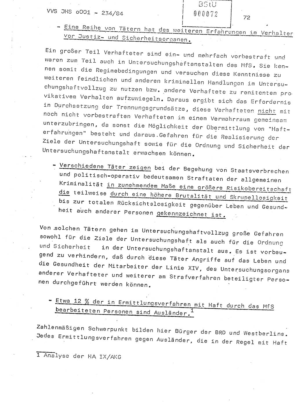 Dissertation Oberst Siegfried Rataizick (Abt. ⅩⅣ), Oberstleutnant Volkmar Heinz (Abt. ⅩⅣ), Oberstleutnant Werner Stein (HA Ⅸ), Hauptmann Heinz Conrad (JHS), Ministerium für Staatssicherheit (MfS) [Deutsche Demokratische Republik (DDR)], Juristische Hochschule (JHS), Vertrauliche Verschlußsache (VVS) o001-234/84, Potsdam 1984, Seite 72 (Diss. MfS DDR JHS VVS o001-234/84 1984, S. 72)
