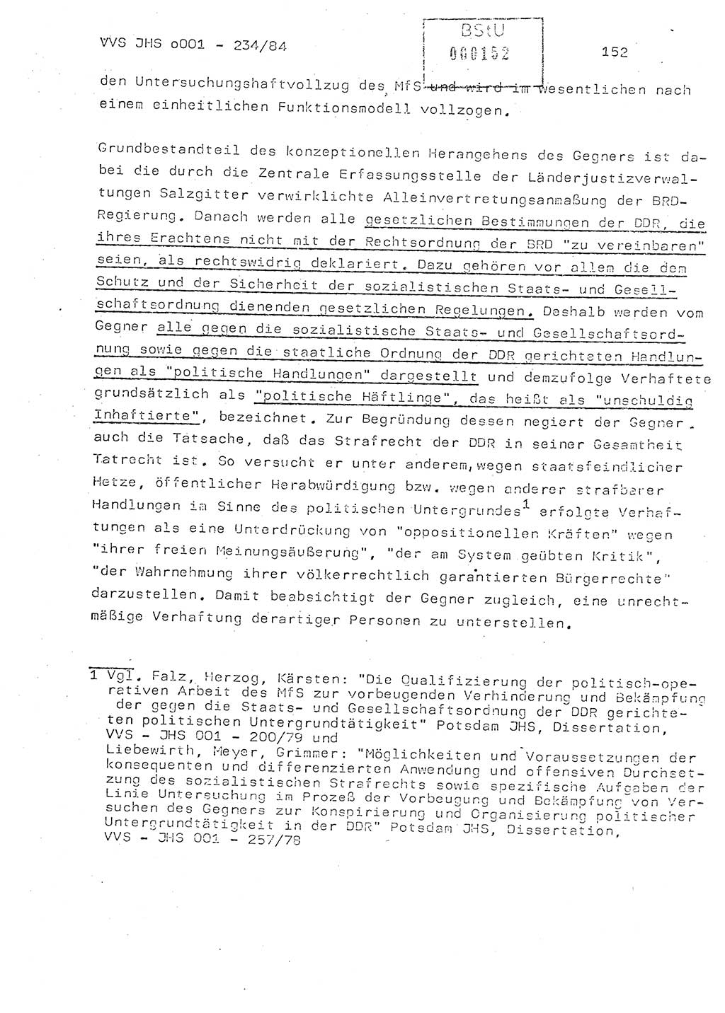 Dissertation Oberst Siegfried Rataizick (Abt. ⅩⅣ), Oberstleutnant Volkmar Heinz (Abt. ⅩⅣ), Oberstleutnant Werner Stein (HA Ⅸ), Hauptmann Heinz Conrad (JHS), Ministerium für Staatssicherheit (MfS) [Deutsche Demokratische Republik (DDR)], Juristische Hochschule (JHS), Vertrauliche Verschlußsache (VVS) o001-234/84, Potsdam 1984, Seite 152 (Diss. MfS DDR JHS VVS o001-234/84 1984, S. 152)