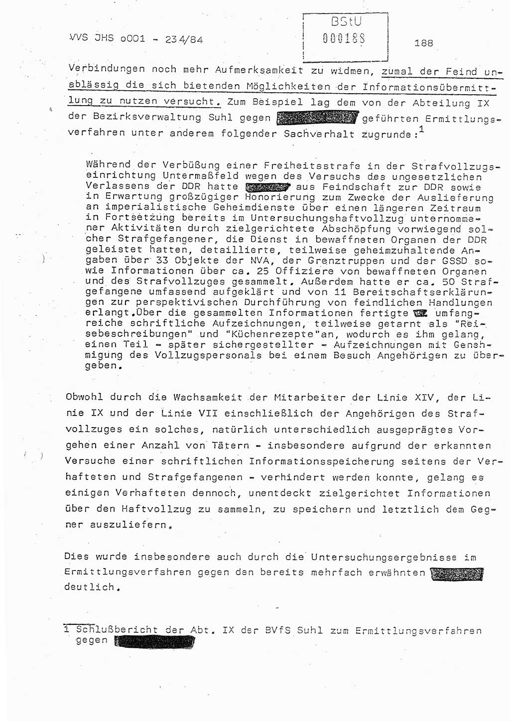 Dissertation Oberst Siegfried Rataizick (Abt. ⅩⅣ), Oberstleutnant Volkmar Heinz (Abt. ⅩⅣ), Oberstleutnant Werner Stein (HA Ⅸ), Hauptmann Heinz Conrad (JHS), Ministerium für Staatssicherheit (MfS) [Deutsche Demokratische Republik (DDR)], Juristische Hochschule (JHS), Vertrauliche Verschlußsache (VVS) o001-234/84, Potsdam 1984, Seite 188 (Diss. MfS DDR JHS VVS o001-234/84 1984, S. 188)