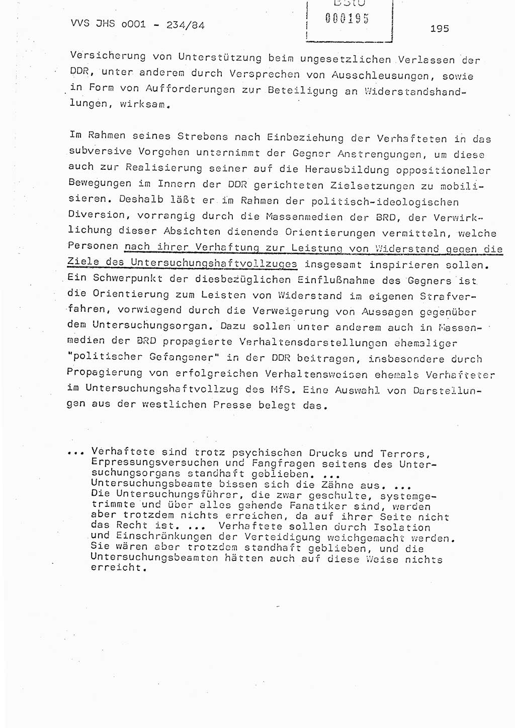 Dissertation Oberst Siegfried Rataizick (Abt. ⅩⅣ), Oberstleutnant Volkmar Heinz (Abt. ⅩⅣ), Oberstleutnant Werner Stein (HA Ⅸ), Hauptmann Heinz Conrad (JHS), Ministerium für Staatssicherheit (MfS) [Deutsche Demokratische Republik (DDR)], Juristische Hochschule (JHS), Vertrauliche Verschlußsache (VVS) o001-234/84, Potsdam 1984, Seite 195 (Diss. MfS DDR JHS VVS o001-234/84 1984, S. 195)