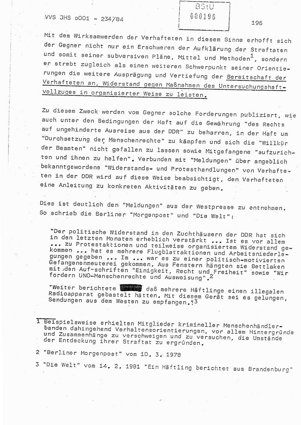 Dissertation Oberst Siegfried Rataizick (Abt. ⅩⅣ), Oberstleutnant Volkmar Heinz (Abt. ⅩⅣ), Oberstleutnant Werner Stein (HA Ⅸ), Hauptmann Heinz Conrad (JHS), Ministerium für Staatssicherheit (MfS) [Deutsche Demokratische Republik (DDR)], Juristische Hochschule (JHS), Vertrauliche Verschlußsache (VVS) o001-234/84, Potsdam 1984, Seite 196 (Diss. MfS DDR JHS VVS o001-234/84 1984, S. 196)