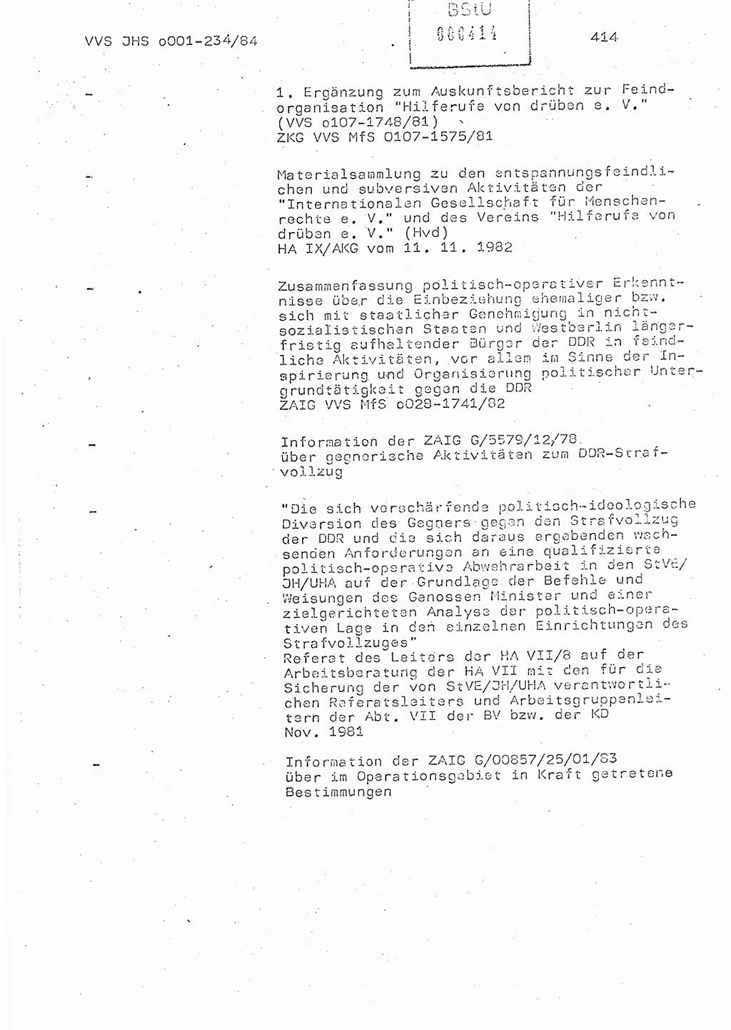 Dissertation Oberst Siegfried Rataizick (Abt. ⅩⅣ), Oberstleutnant Volkmar Heinz (Abt. ⅩⅣ), Oberstleutnant Werner Stein (HA Ⅸ), Hauptmann Heinz Conrad (JHS), Ministerium für Staatssicherheit (MfS) [Deutsche Demokratische Republik (DDR)], Juristische Hochschule (JHS), Vertrauliche Verschlußsache (VVS) o001-234/84, Potsdam 1984, Seite 414 (Diss. MfS DDR JHS VVS o001-234/84 1984, S. 414)