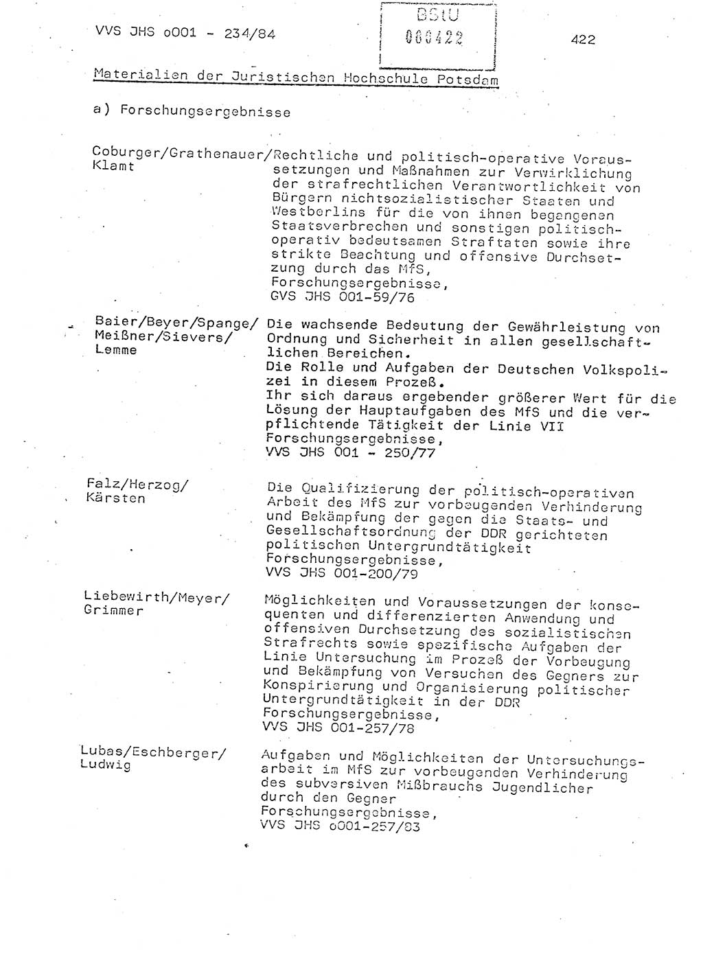 Dissertation Oberst Siegfried Rataizick (Abt. ⅩⅣ), Oberstleutnant Volkmar Heinz (Abt. ⅩⅣ), Oberstleutnant Werner Stein (HA Ⅸ), Hauptmann Heinz Conrad (JHS), Ministerium für Staatssicherheit (MfS) [Deutsche Demokratische Republik (DDR)], Juristische Hochschule (JHS), Vertrauliche Verschlußsache (VVS) o001-234/84, Potsdam 1984, Seite 422 (Diss. MfS DDR JHS VVS o001-234/84 1984, S. 422)
