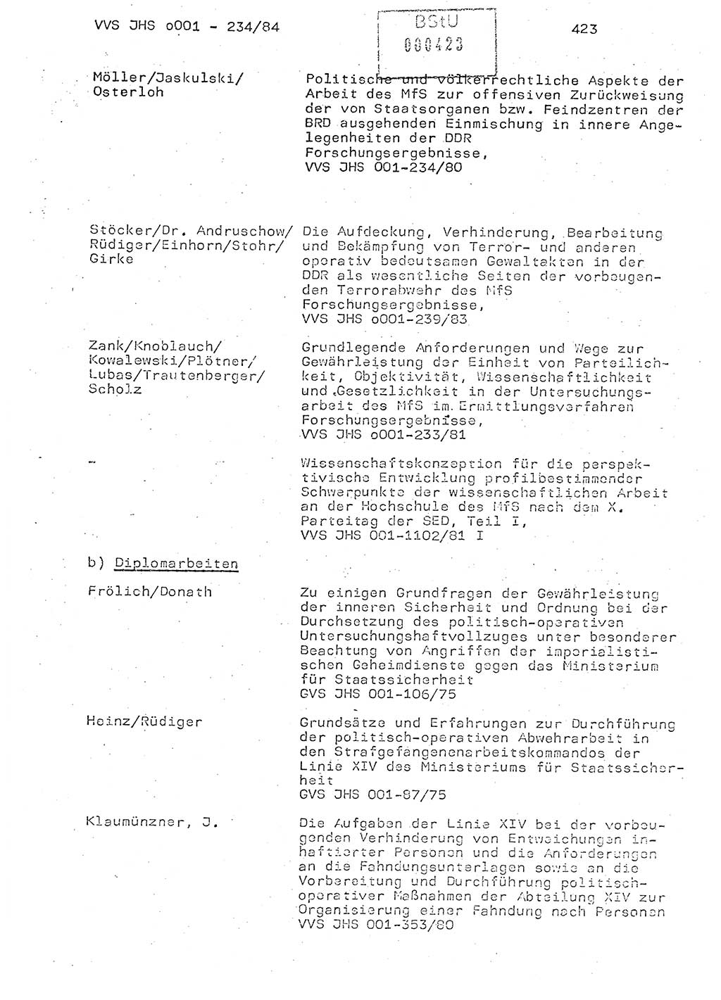 Dissertation Oberst Siegfried Rataizick (Abt. ⅩⅣ), Oberstleutnant Volkmar Heinz (Abt. ⅩⅣ), Oberstleutnant Werner Stein (HA Ⅸ), Hauptmann Heinz Conrad (JHS), Ministerium für Staatssicherheit (MfS) [Deutsche Demokratische Republik (DDR)], Juristische Hochschule (JHS), Vertrauliche Verschlußsache (VVS) o001-234/84, Potsdam 1984, Seite 423 (Diss. MfS DDR JHS VVS o001-234/84 1984, S. 423)