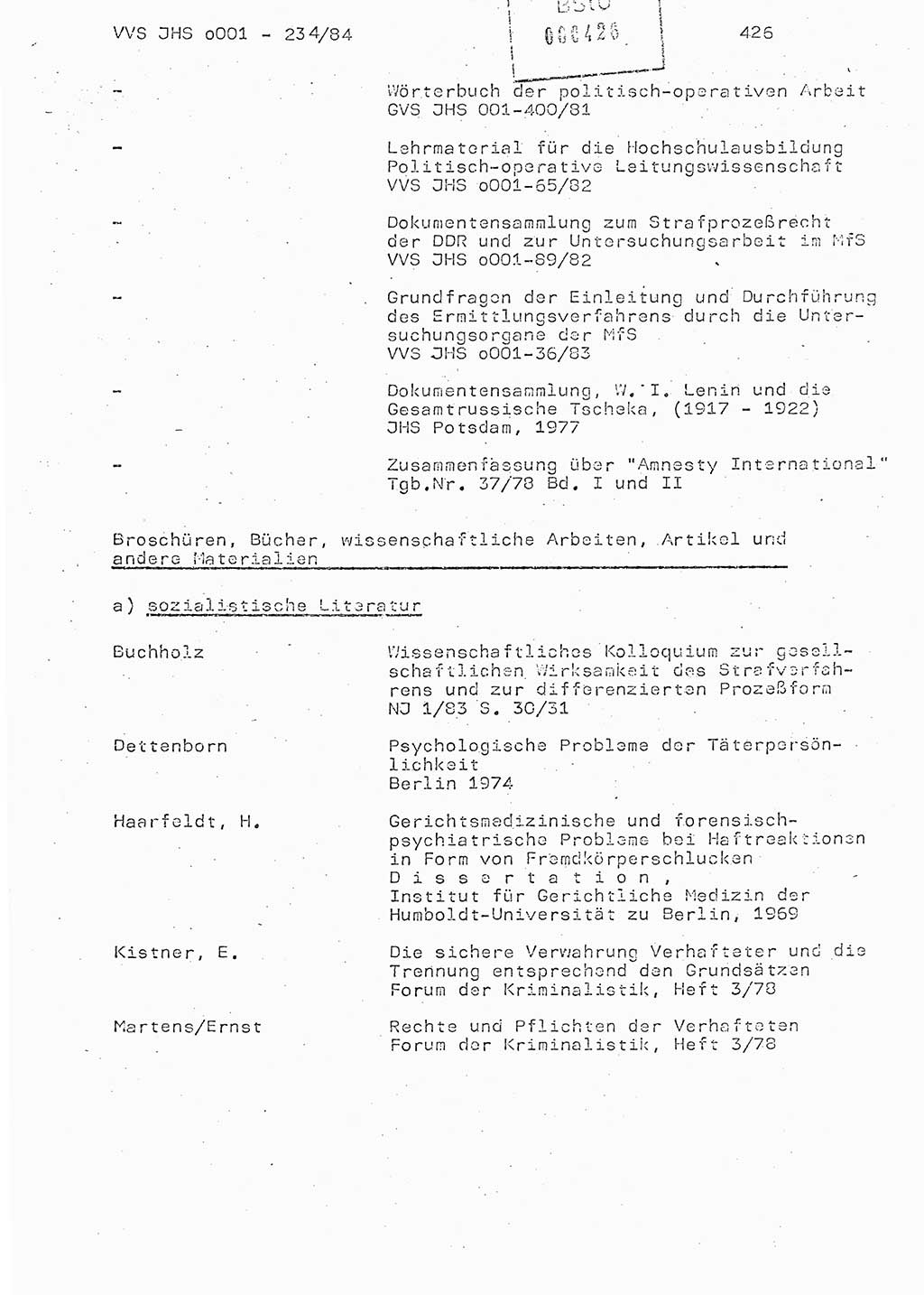 Dissertation Oberst Siegfried Rataizick (Abt. ⅩⅣ), Oberstleutnant Volkmar Heinz (Abt. ⅩⅣ), Oberstleutnant Werner Stein (HA Ⅸ), Hauptmann Heinz Conrad (JHS), Ministerium für Staatssicherheit (MfS) [Deutsche Demokratische Republik (DDR)], Juristische Hochschule (JHS), Vertrauliche Verschlußsache (VVS) o001-234/84, Potsdam 1984, Seite 426 (Diss. MfS DDR JHS VVS o001-234/84 1984, S. 426)