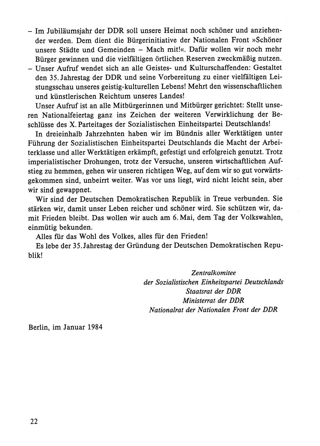 Dokumente der Sozialistischen Einheitspartei Deutschlands (SED) [Deutsche Demokratische Republik (DDR)] 1984-1985, Seite 22 (Dok. SED DDR 1984-1985, S. 22)