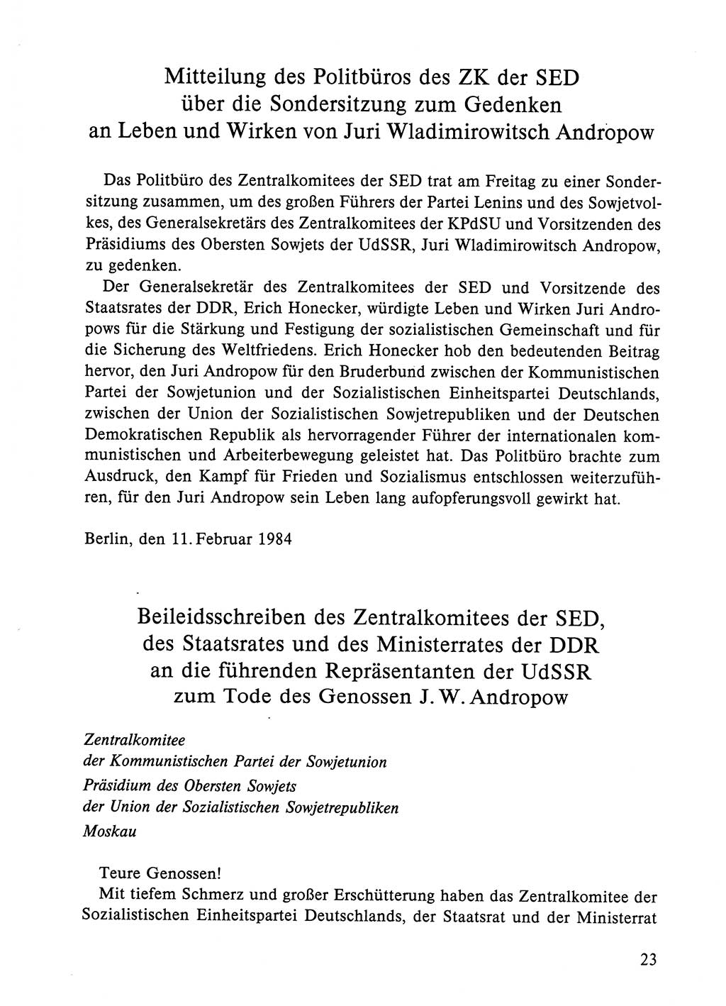 Dokumente der Sozialistischen Einheitspartei Deutschlands (SED) [Deutsche Demokratische Republik (DDR)] 1984-1985, Seite 23 (Dok. SED DDR 1984-1985, S. 23)