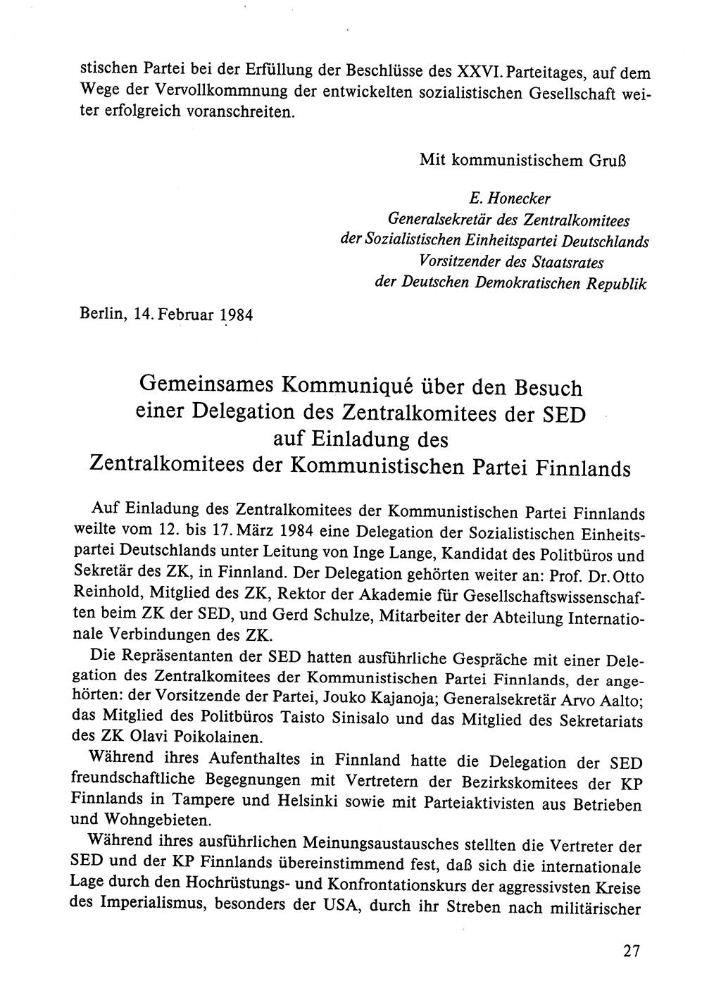 Dokumente der Sozialistischen Einheitspartei Deutschlands (SED) [Deutsche Demokratische Republik (DDR)] 1984-1985, Seite 27 (Dok. SED DDR 1984-1985, S. 27)
