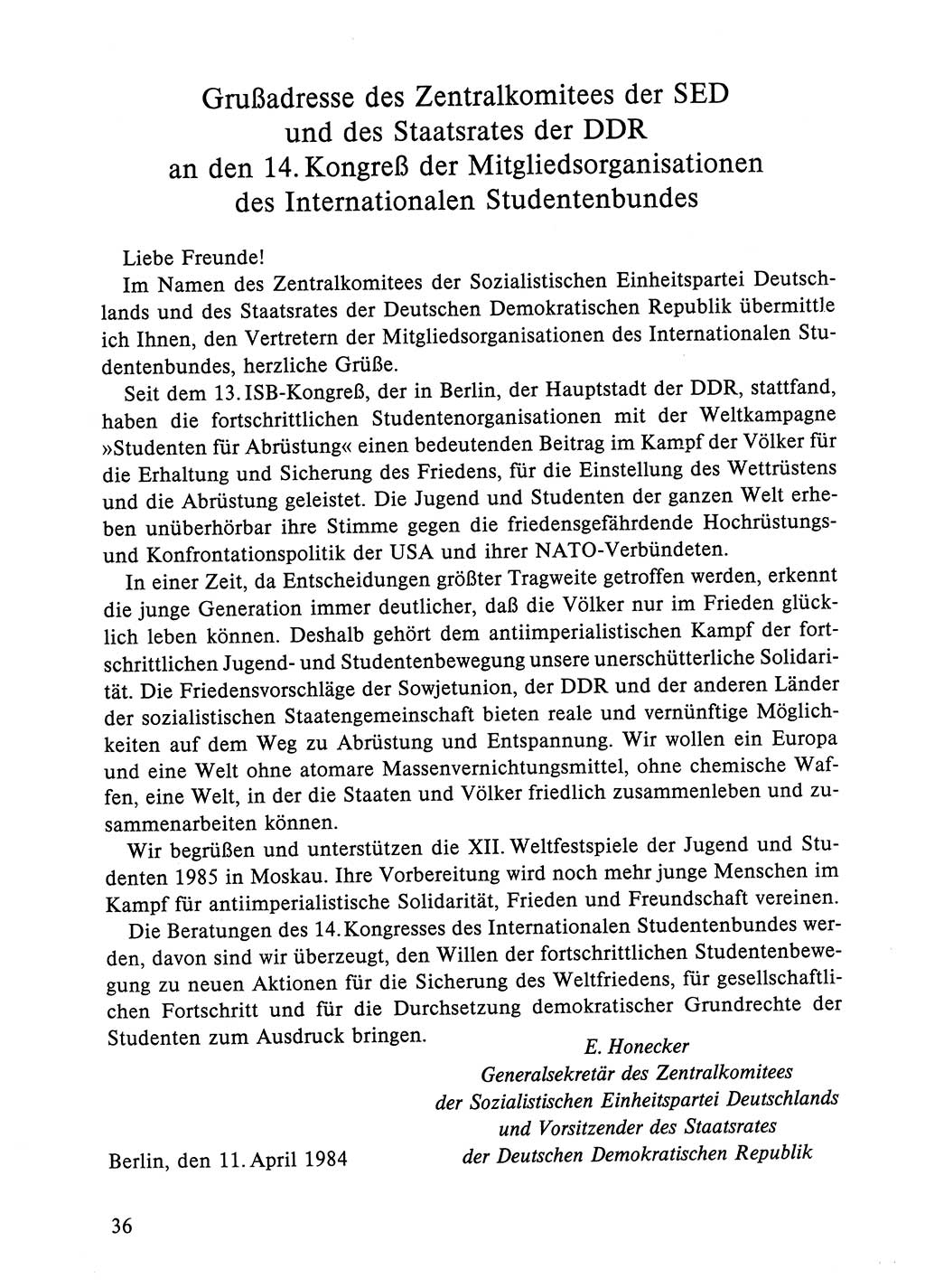 Dokumente der Sozialistischen Einheitspartei Deutschlands (SED) [Deutsche Demokratische Republik (DDR)] 1984-1985, Seite 36 (Dok. SED DDR 1984-1985, S. 36)