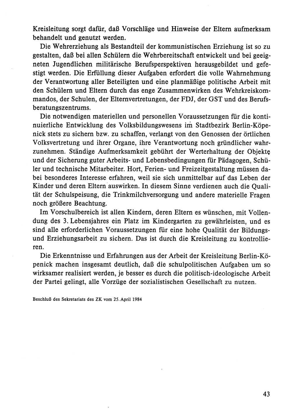 Dokumente der Sozialistischen Einheitspartei Deutschlands (SED) [Deutsche Demokratische Republik (DDR)] 1984-1985, Seite 43 (Dok. SED DDR 1984-1985, S. 43)