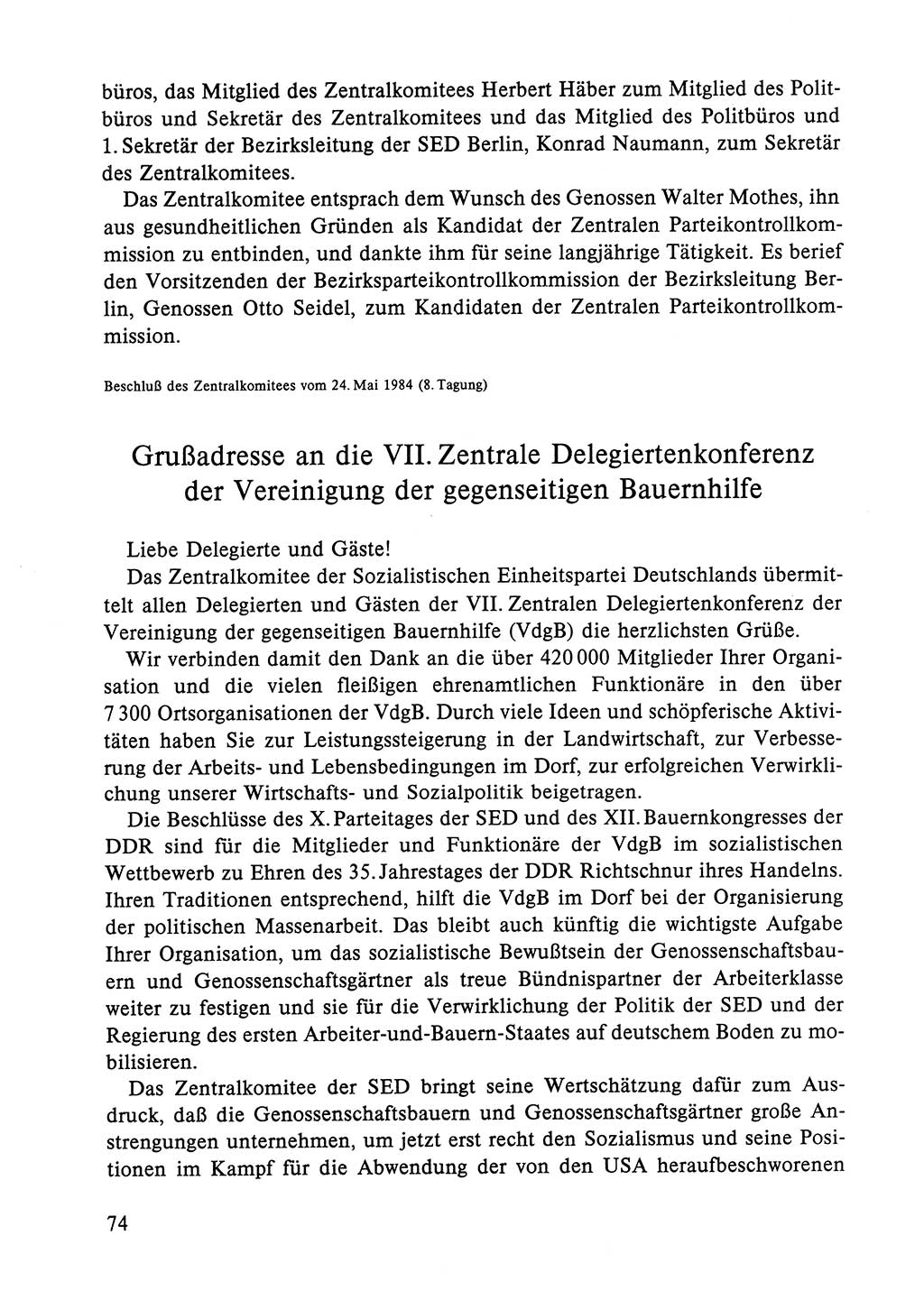 Dokumente der Sozialistischen Einheitspartei Deutschlands (SED) [Deutsche Demokratische Republik (DDR)] 1984-1985, Seite 74 (Dok. SED DDR 1984-1985, S. 74)