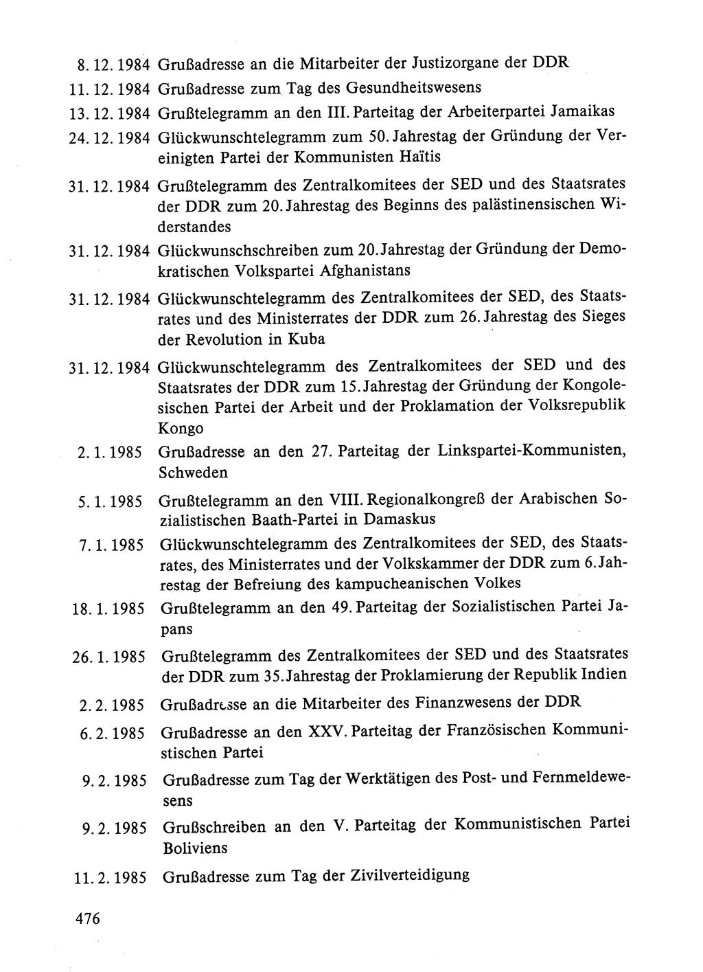 Dokumente der Sozialistischen Einheitspartei Deutschlands (SED) [Deutsche Demokratische Republik (DDR)] 1984-1985, Seite 476 (Dok. SED DDR 1984-1985, S. 476)