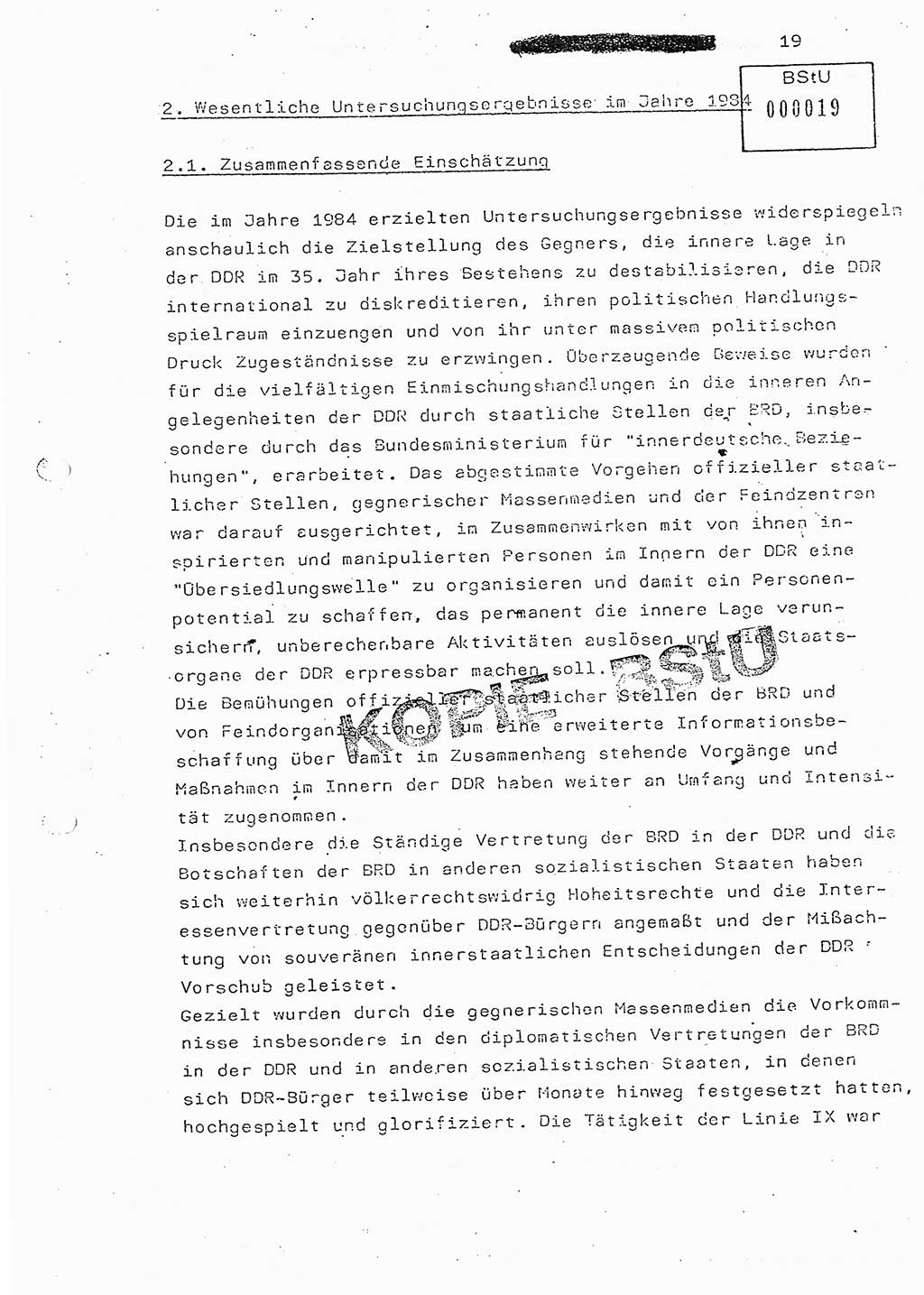 Jahresbericht der Hauptabteilung (HA) Ⅸ 1984, Einschätzung der Wirksamkeit der Untersuchungsarbeit im Jahre 1984, Ministerium für Staatssicherheit (MfS) der Deutschen Demokratischen Republik (DDR), Hauptabteilung Ⅸ, Berlin 1985, Seite 19 (Einsch. MfS DDR HA Ⅸ /85 1984, S. 19)