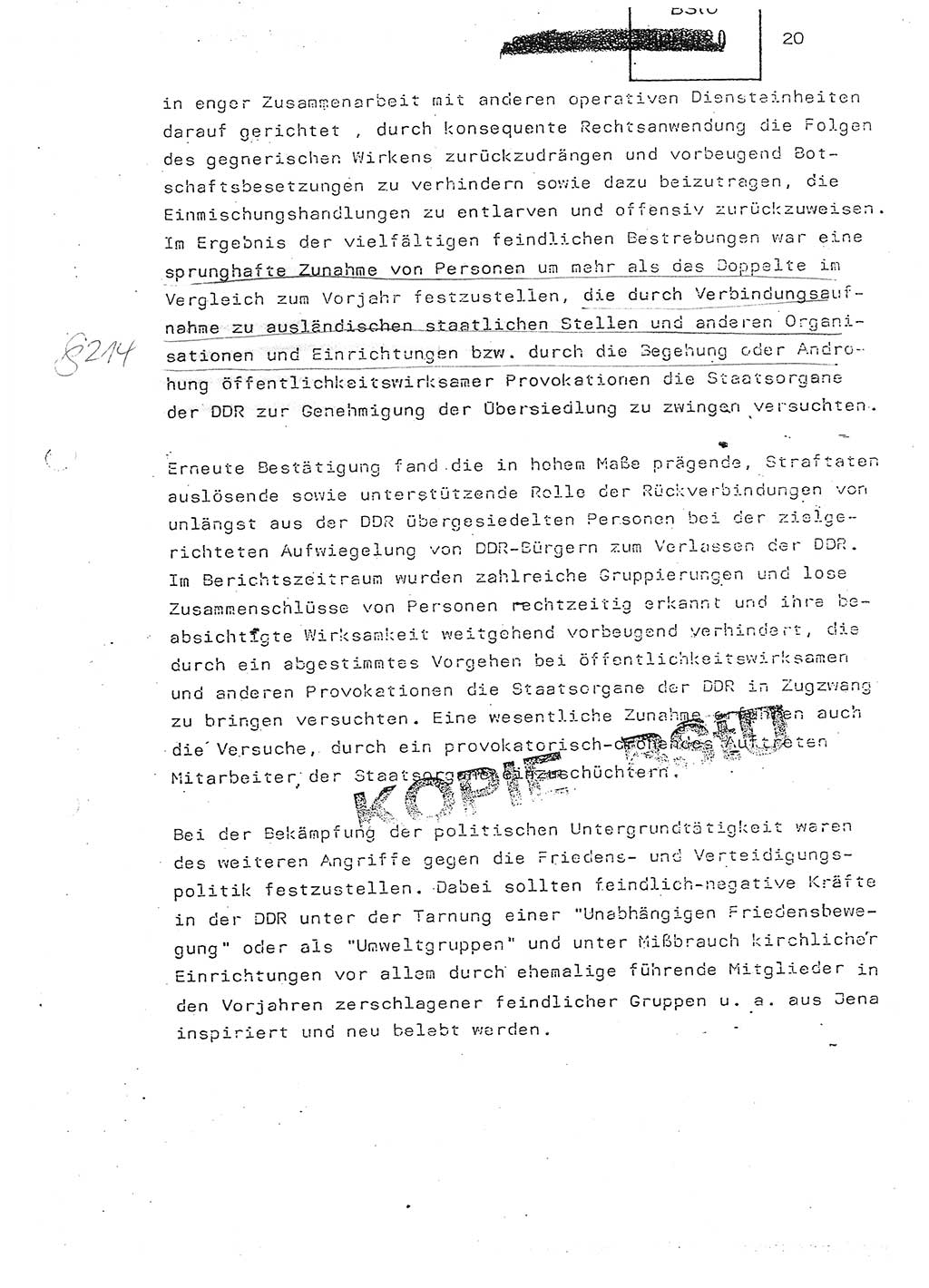 Jahresbericht der Hauptabteilung (HA) Ⅸ 1984, Einschätzung der Wirksamkeit der Untersuchungsarbeit im Jahre 1984, Ministerium für Staatssicherheit (MfS) der Deutschen Demokratischen Republik (DDR), Hauptabteilung Ⅸ, Berlin 1985, Seite 20 (Einsch. MfS DDR HA Ⅸ /85 1984, S. 20)