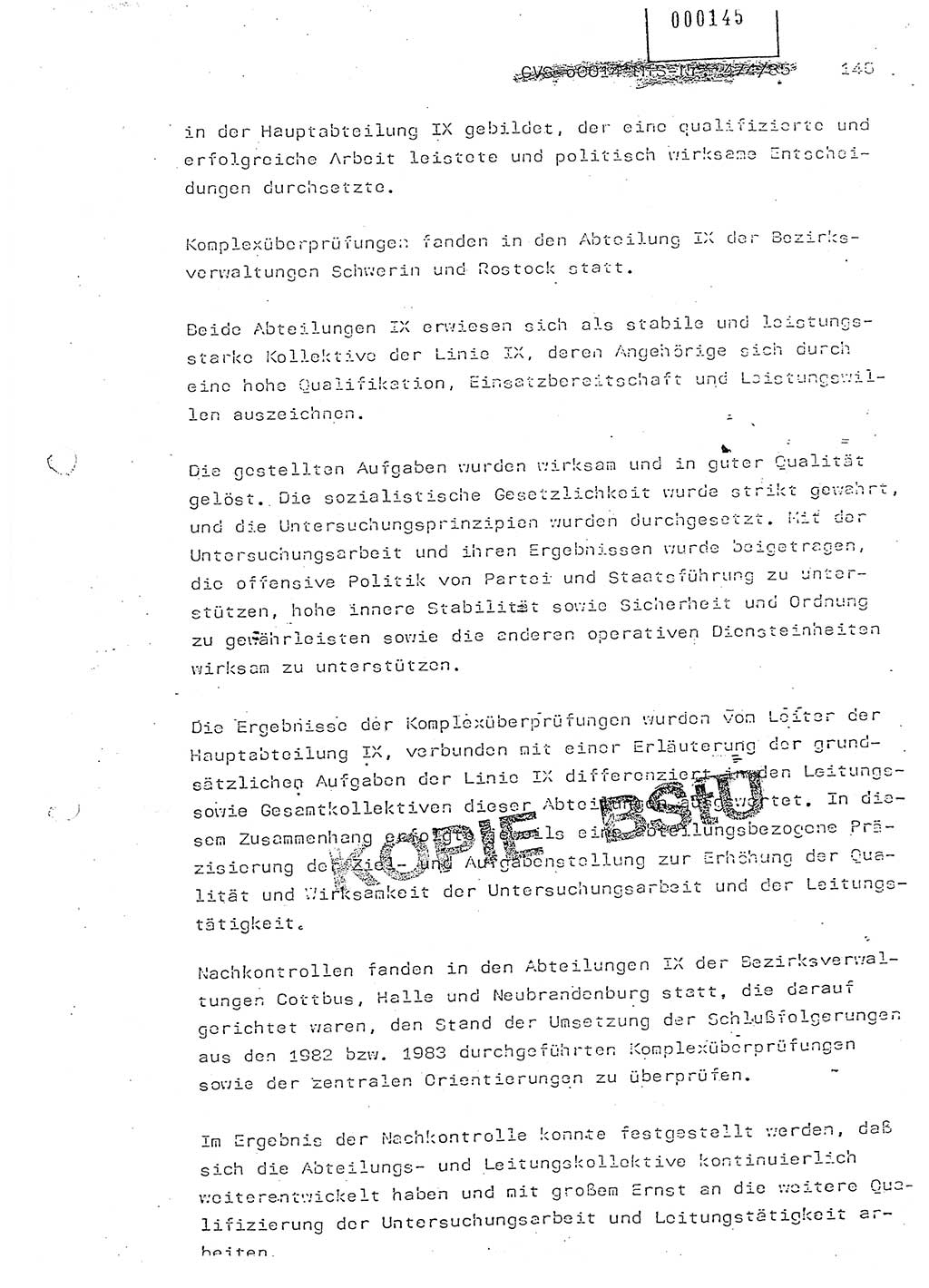 Jahresbericht der Hauptabteilung (HA) Ⅸ 1984, Einschätzung der Wirksamkeit der Untersuchungsarbeit im Jahre 1984, Ministerium für Staatssicherheit (MfS) der Deutschen Demokratischen Republik (DDR), Hauptabteilung Ⅸ, Berlin 1985, Seite 145 (Einsch. MfS DDR HA Ⅸ /85 1984, S. 145)