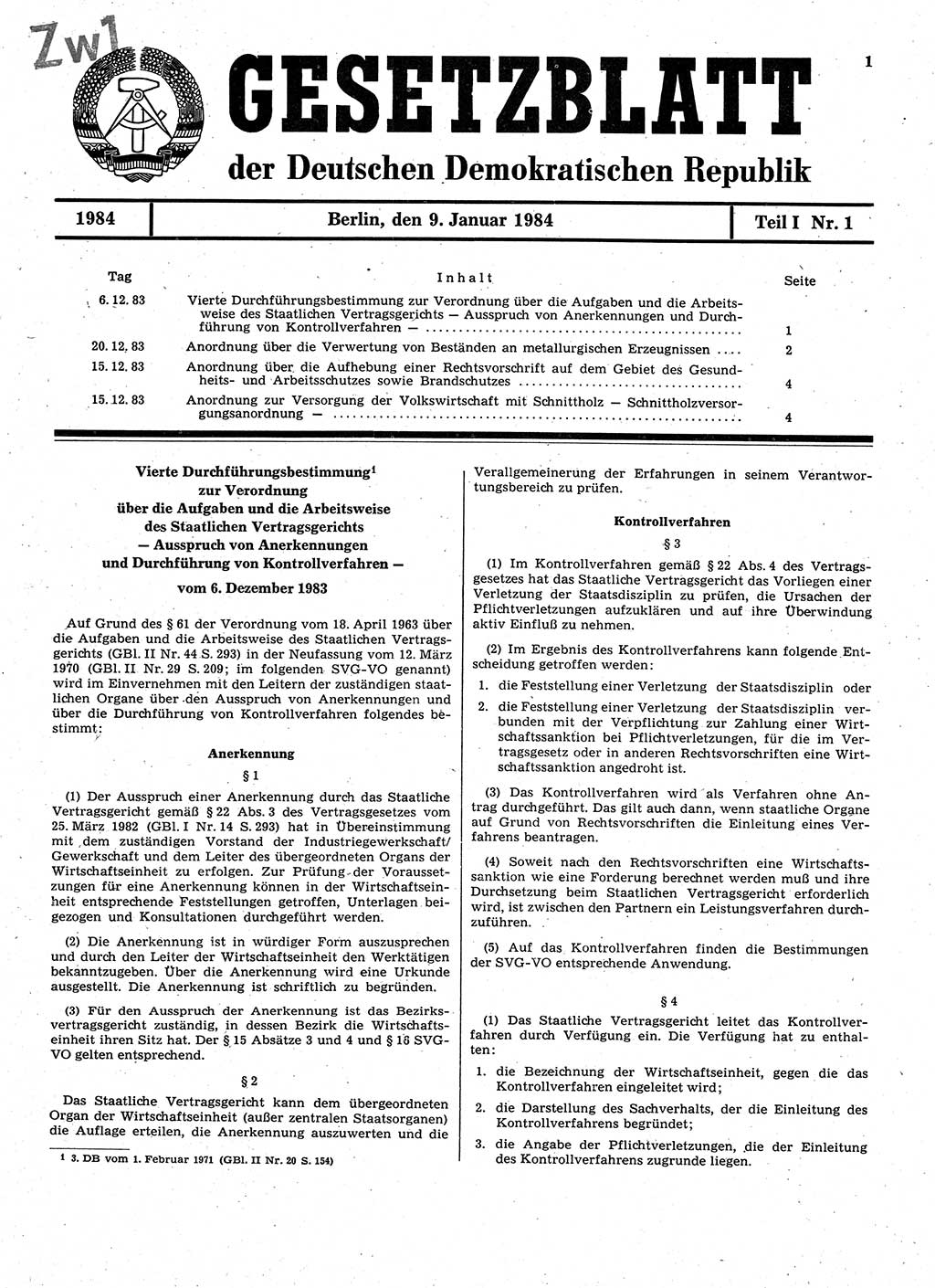 Gesetzblatt (GBl.) der Deutschen Demokratischen Republik (DDR) Teil Ⅰ 1984, Seite 1 (GBl. DDR Ⅰ 1984, S. 1)