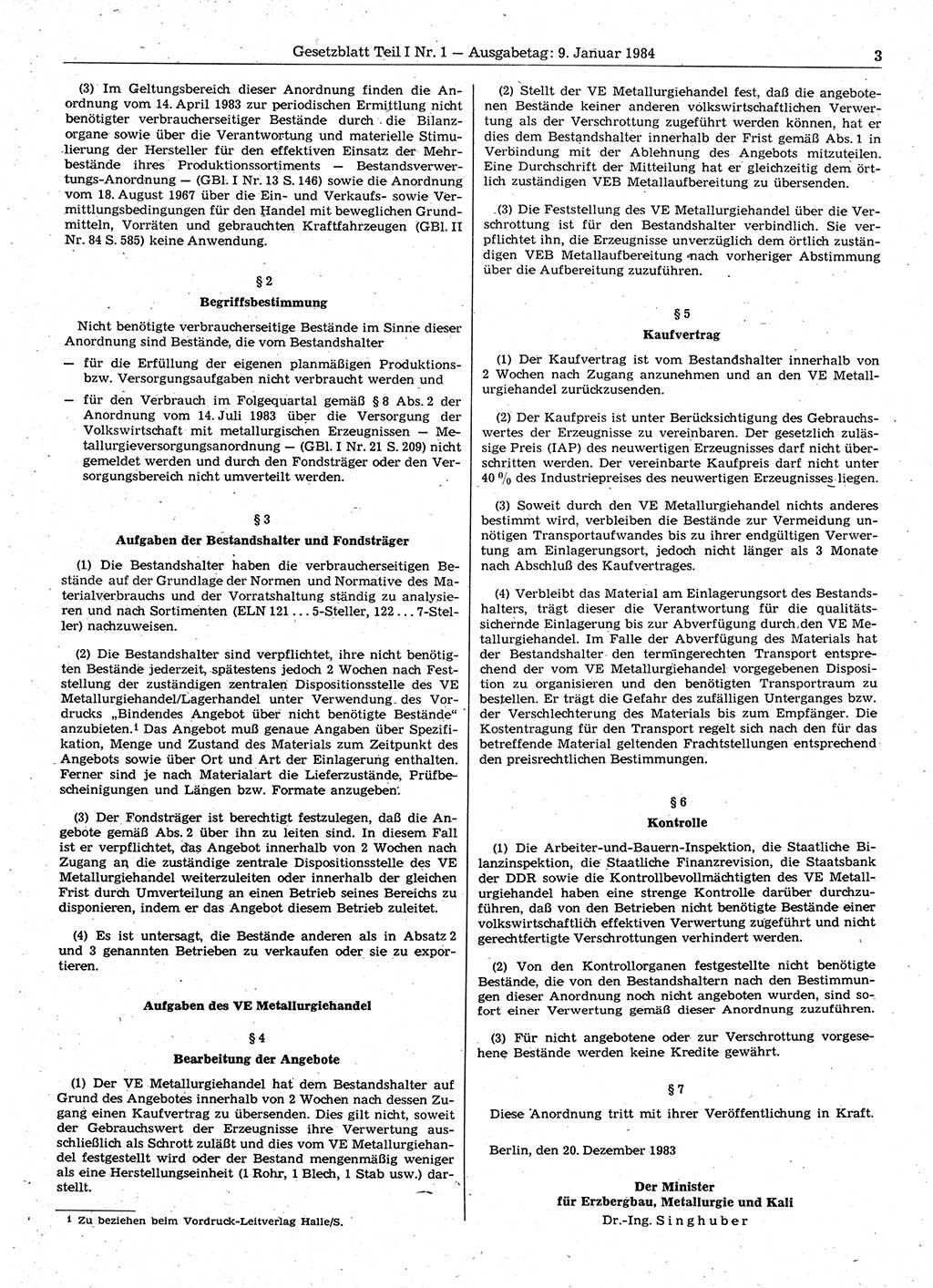 Gesetzblatt (GBl.) der Deutschen Demokratischen Republik (DDR) Teil Ⅰ 1984, Seite 3 (GBl. DDR Ⅰ 1984, S. 3)