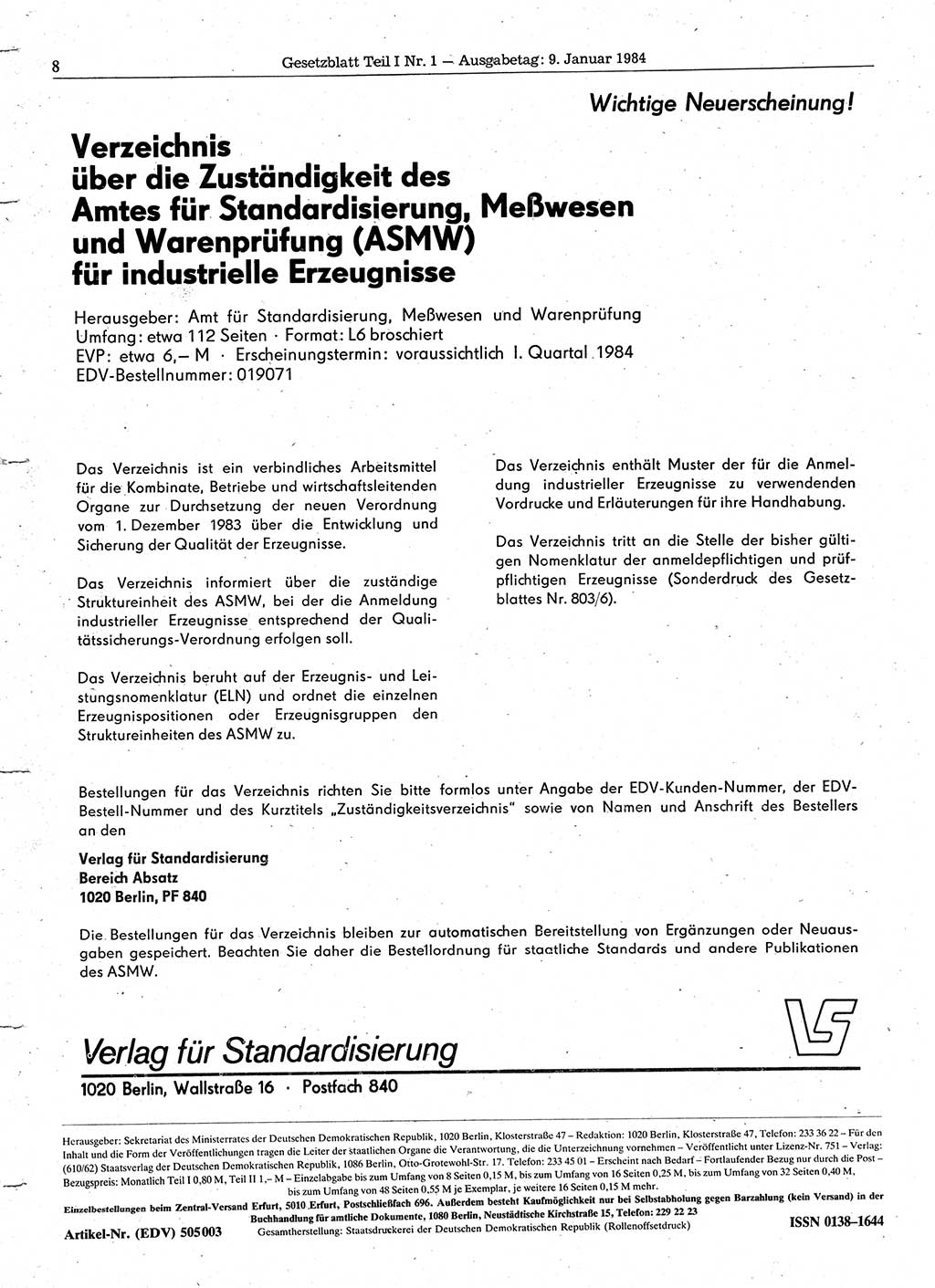 Gesetzblatt (GBl.) der Deutschen Demokratischen Republik (DDR) Teil Ⅰ 1984, Seite 8 (GBl. DDR Ⅰ 1984, S. 8)