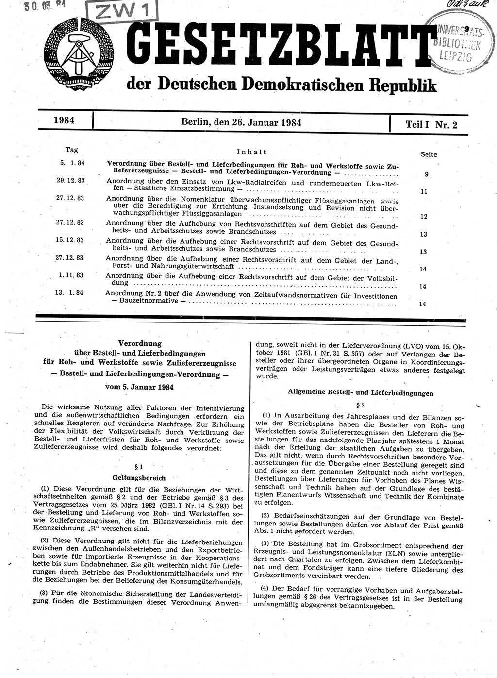 Gesetzblatt (GBl.) der Deutschen Demokratischen Republik (DDR) Teil Ⅰ 1984, Seite 9 (GBl. DDR Ⅰ 1984, S. 9)