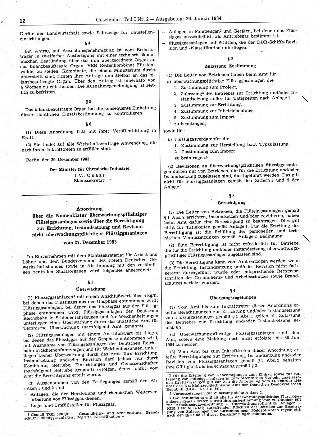 Gesetzblatt (GBl.) der Deutschen Demokratischen Republik (DDR) Teil Ⅰ 1984, Seite 12 (GBl. DDR Ⅰ 1984, S. 12)