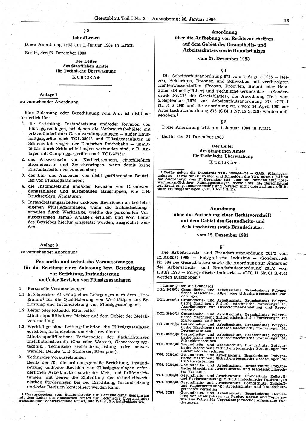 Gesetzblatt (GBl.) der Deutschen Demokratischen Republik (DDR) Teil Ⅰ 1984, Seite 13 (GBl. DDR Ⅰ 1984, S. 13)
