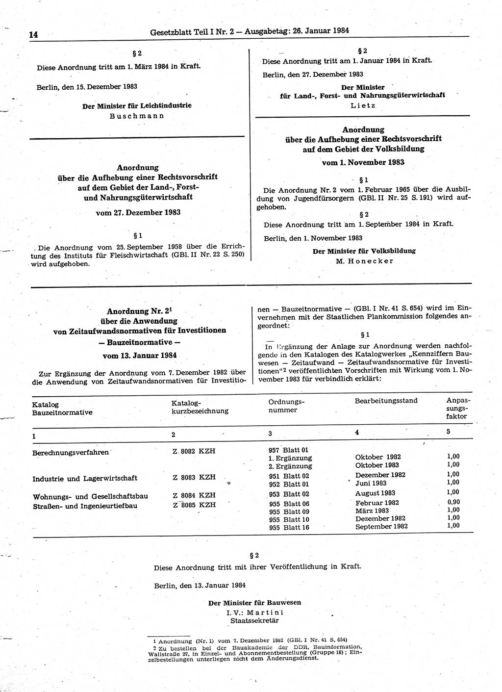Gesetzblatt (GBl.) der Deutschen Demokratischen Republik (DDR) Teil Ⅰ 1984, Seite 14 (GBl. DDR Ⅰ 1984, S. 14)