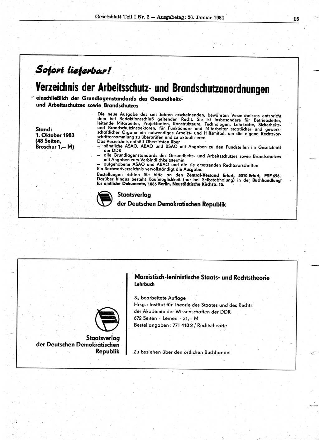 Gesetzblatt (GBl.) der Deutschen Demokratischen Republik (DDR) Teil Ⅰ 1984, Seite 15 (GBl. DDR Ⅰ 1984, S. 15)