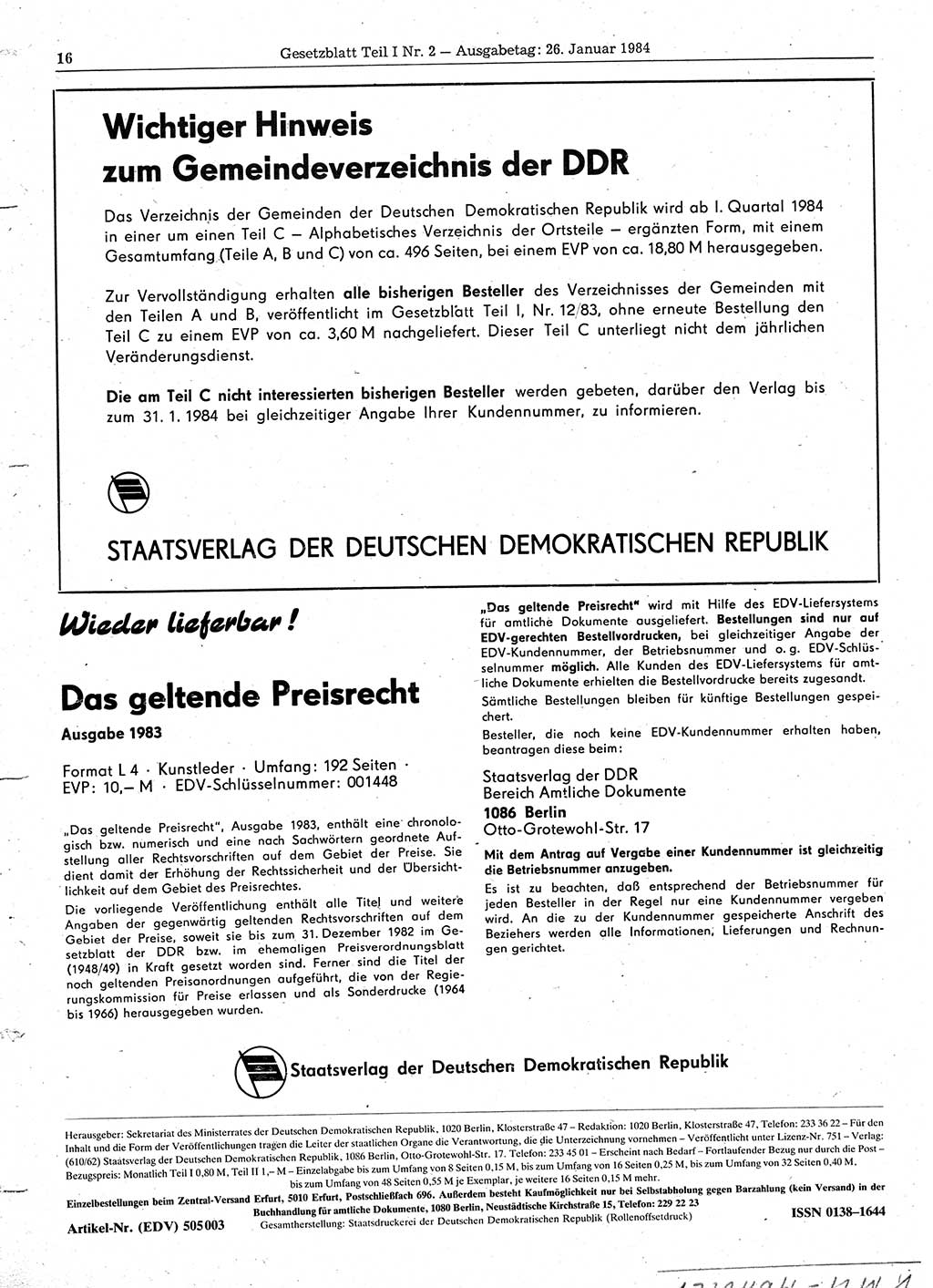 Gesetzblatt (GBl.) der Deutschen Demokratischen Republik (DDR) Teil Ⅰ 1984, Seite 16 (GBl. DDR Ⅰ 1984, S. 16)
